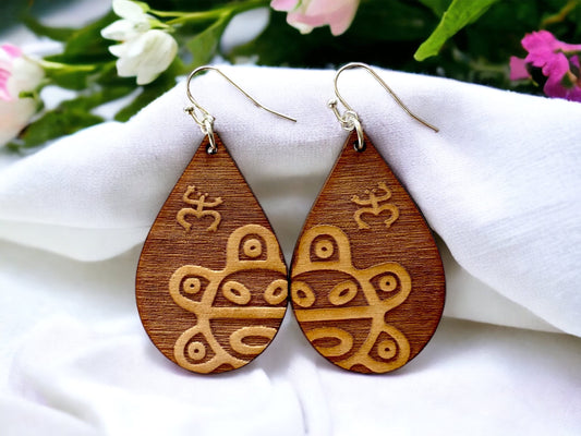 Taino Coqui Sun Symbol Wood engraved Earrings: Puerto Rico Art