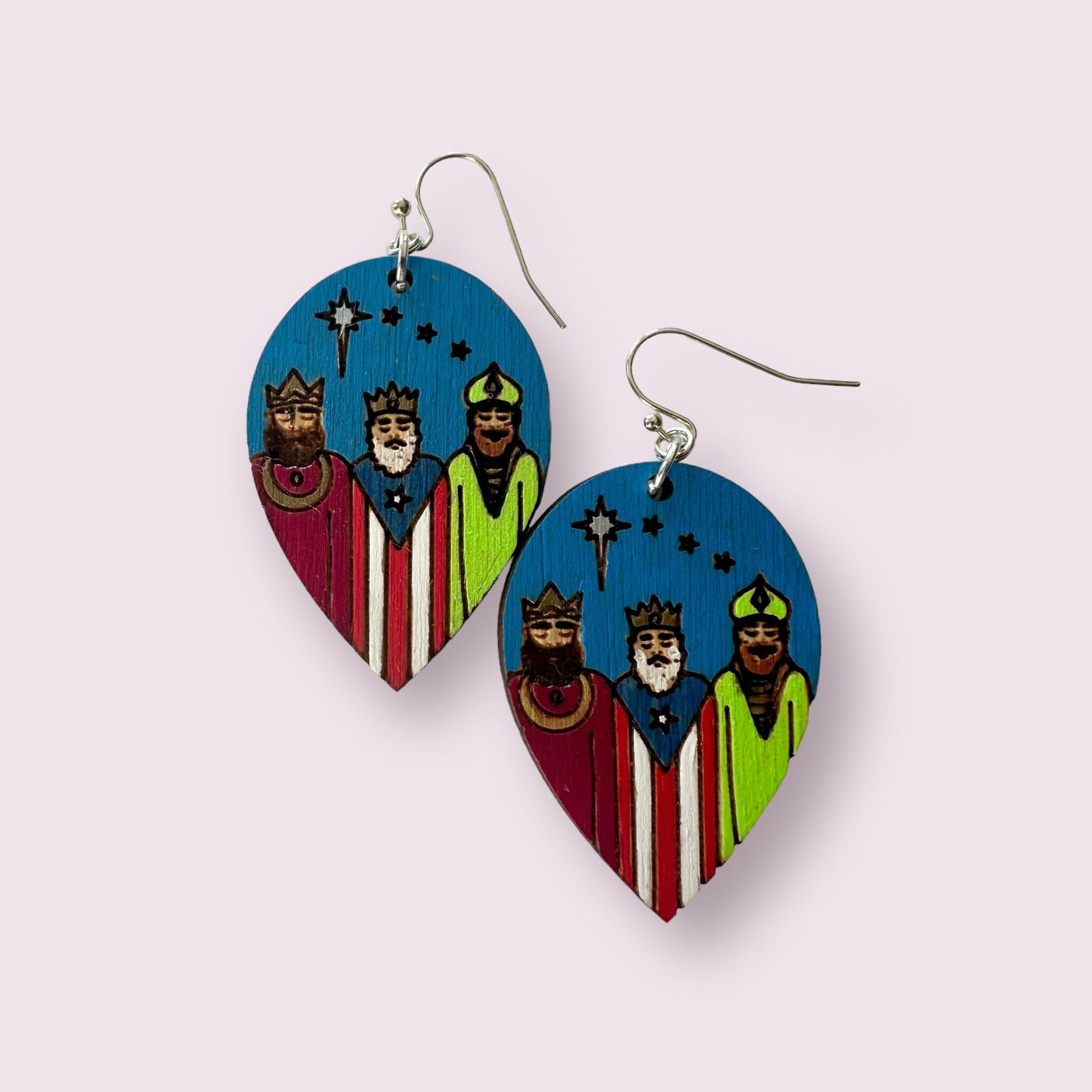 Handpainted Three Kings Earrings: Puerto Rico flag Art, Hypoallergenic Jewelry