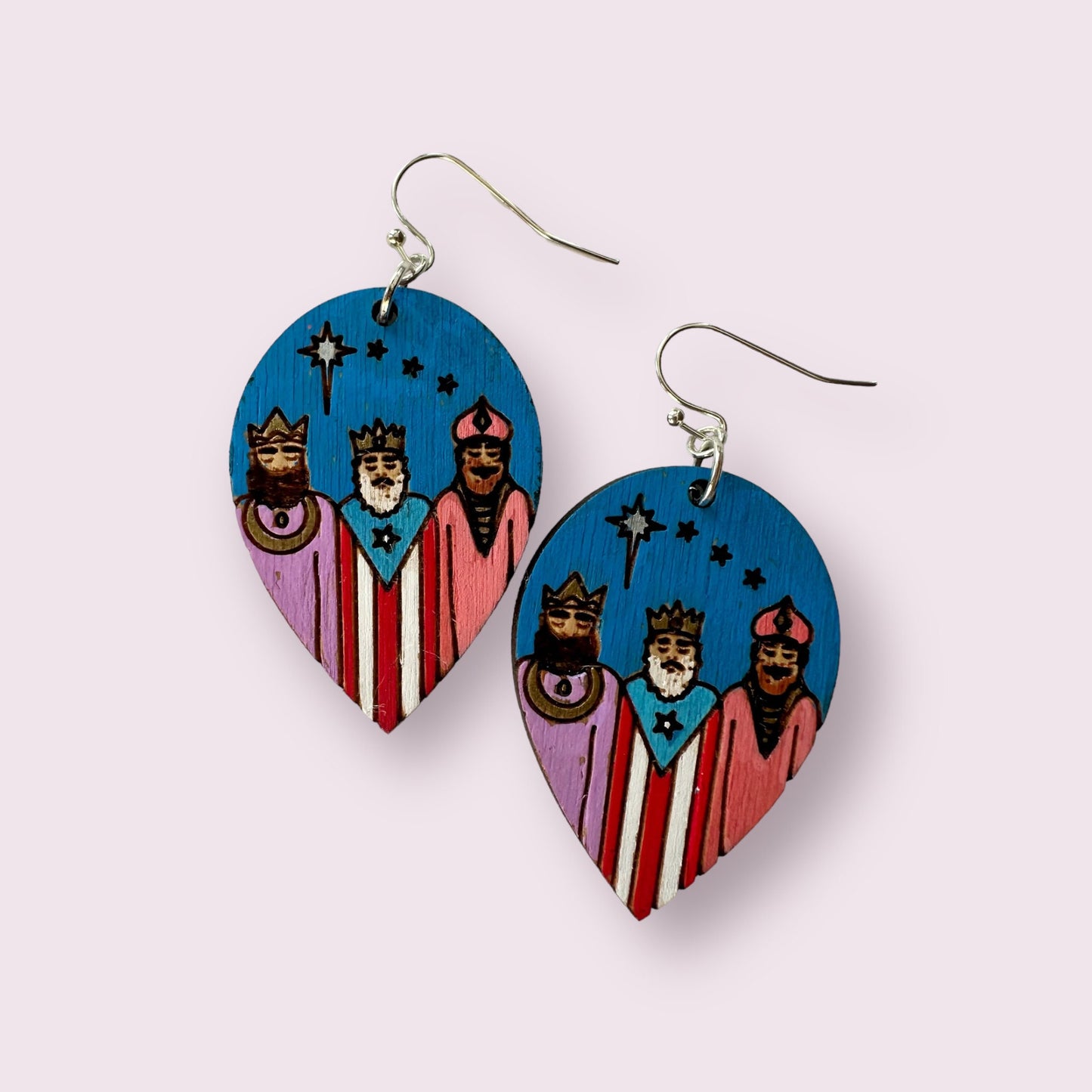 Handpainted Three Kings Earrings: Puerto Rico flag Art, Hypoallergenic Jewelry