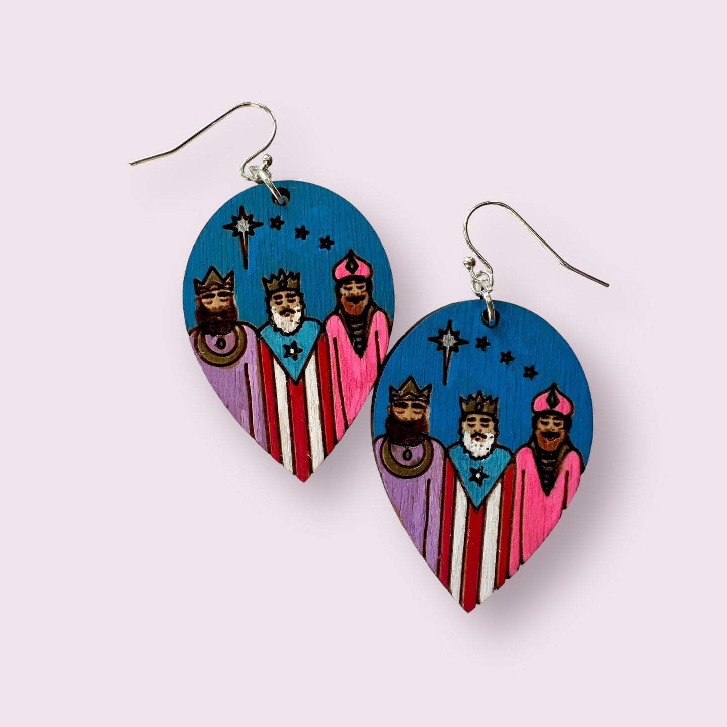 Handpainted Three Kings Earrings: Puerto Rico flag Art, Hypoallergenic Jewelry