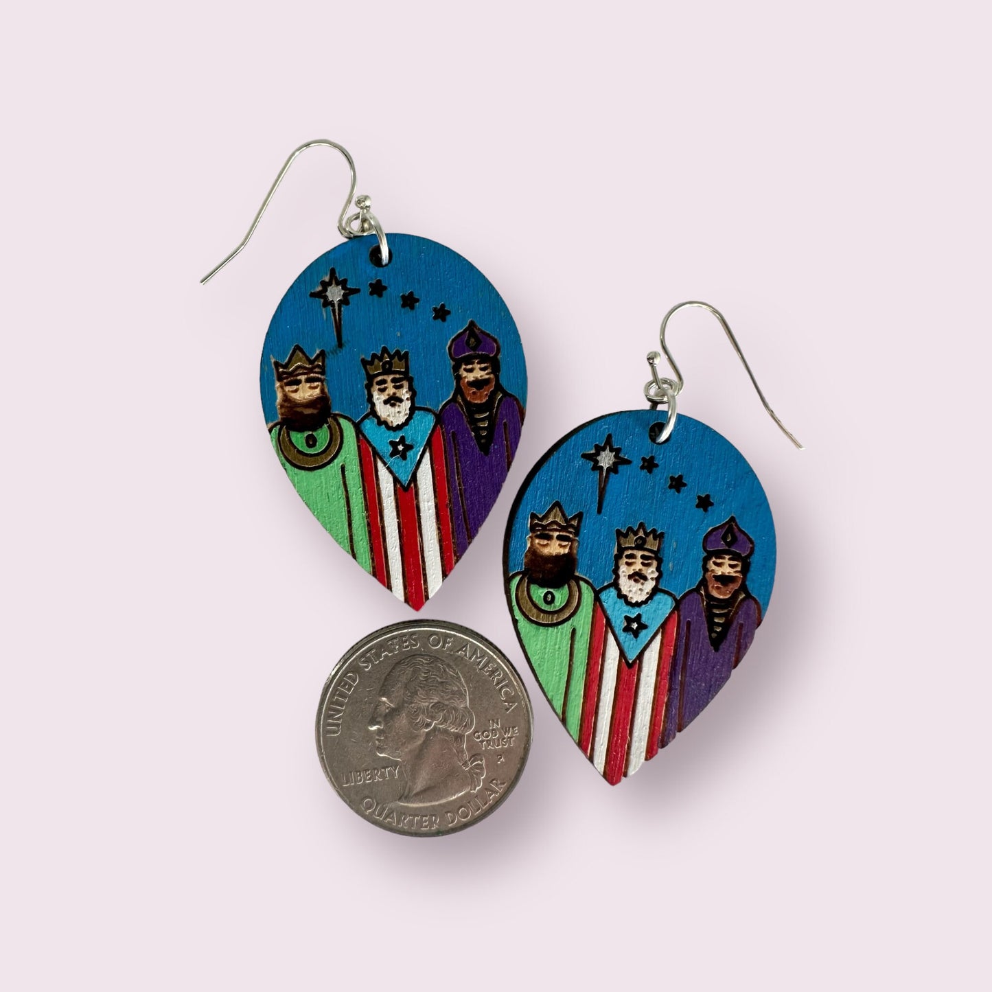 Handpainted Three Kings Earrings: Puerto Rico flag Art, Hypoallergenic Jewelry