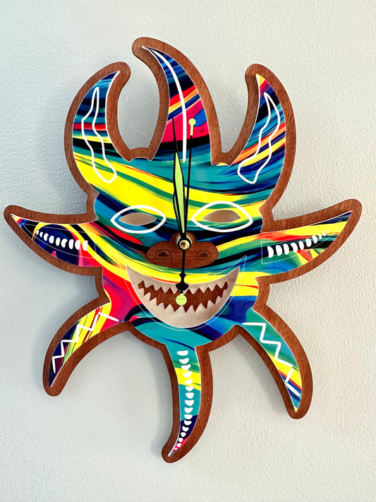 Vejigante Mask Wall Clock: Puerto Rican Art, Sapele Wood, Glow Teeth