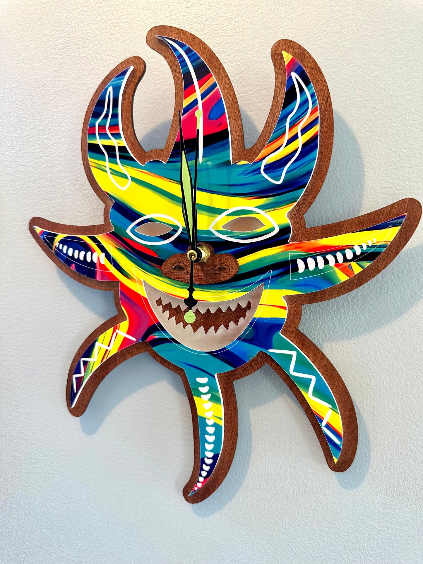 Vejigante Mask Wall Clock: Puerto Rican Art, Sapele Wood, Glow Teeth