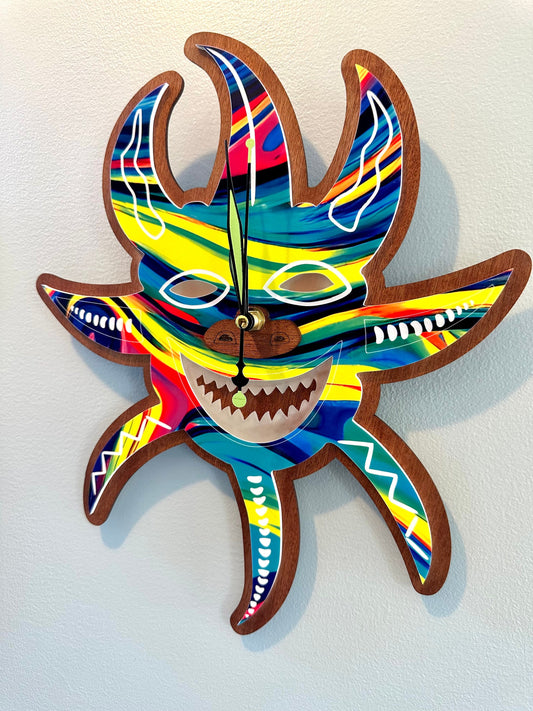 Vejigante Mask Wall Clock: Puerto Rican Art, Sapele Wood, Glow in dark teeth