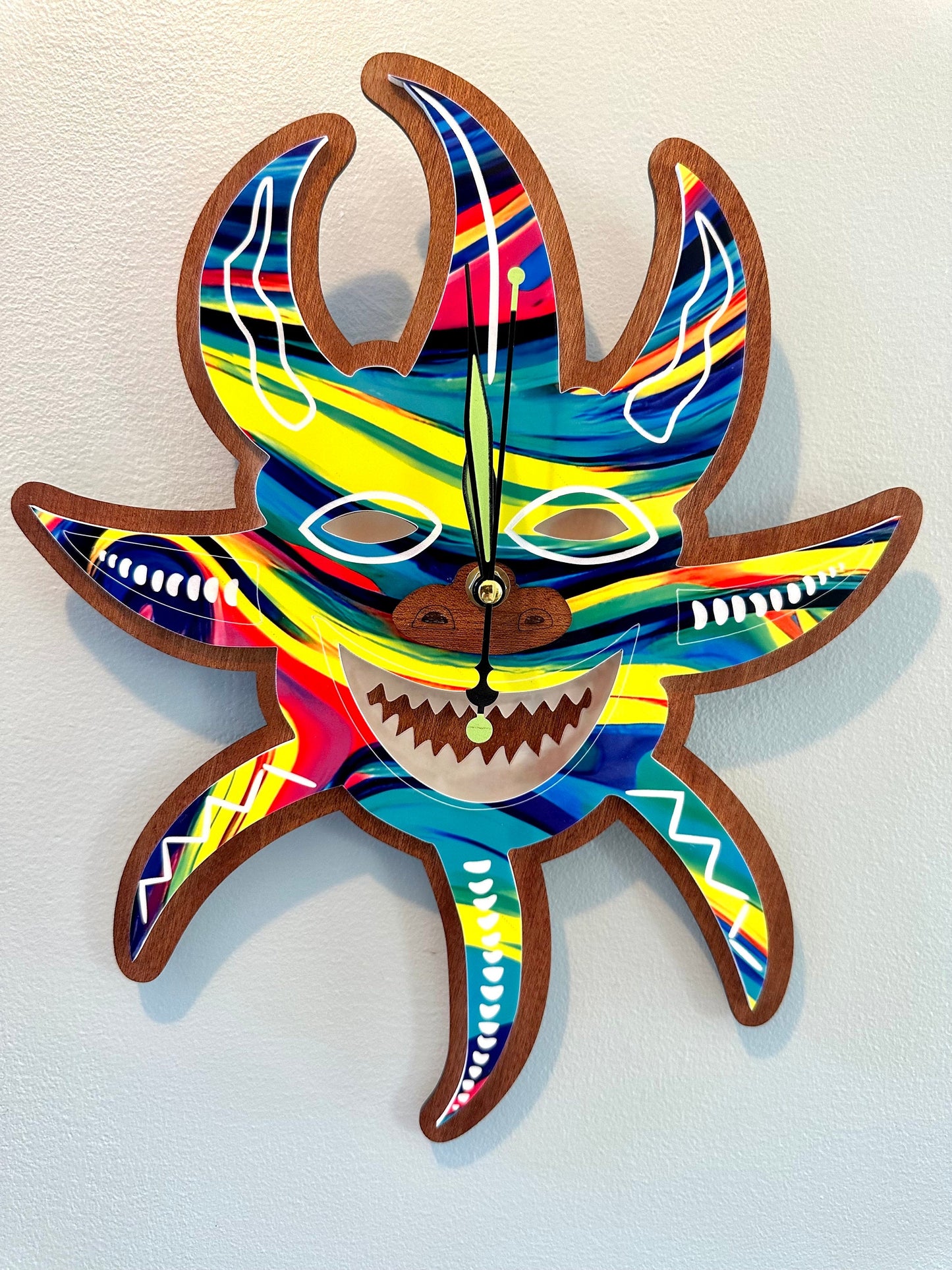 Vejigante Mask Wall Clock: Puerto Rican Art, Sapele Wood, Glow Teeth