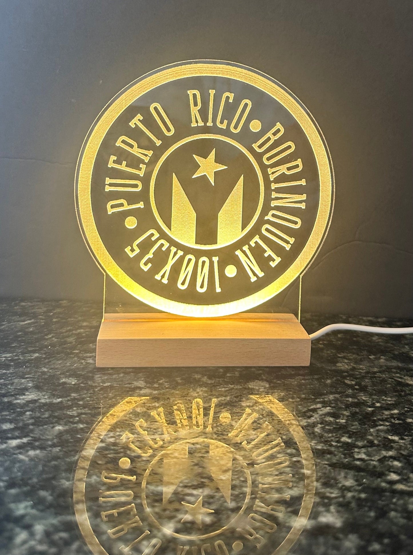Puerto Rican Flag LED Lamp: Engraved Acrylic Night Light. Desk art
