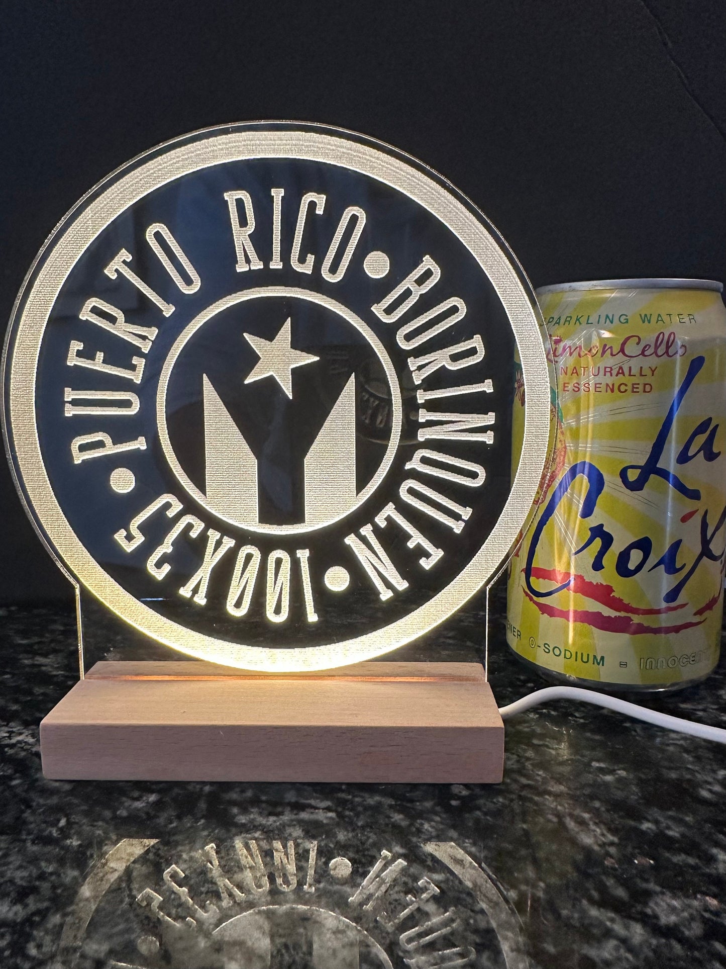 Puerto Rican Flag LED Lamp: Engraved Acrylic Night Light. Desk art