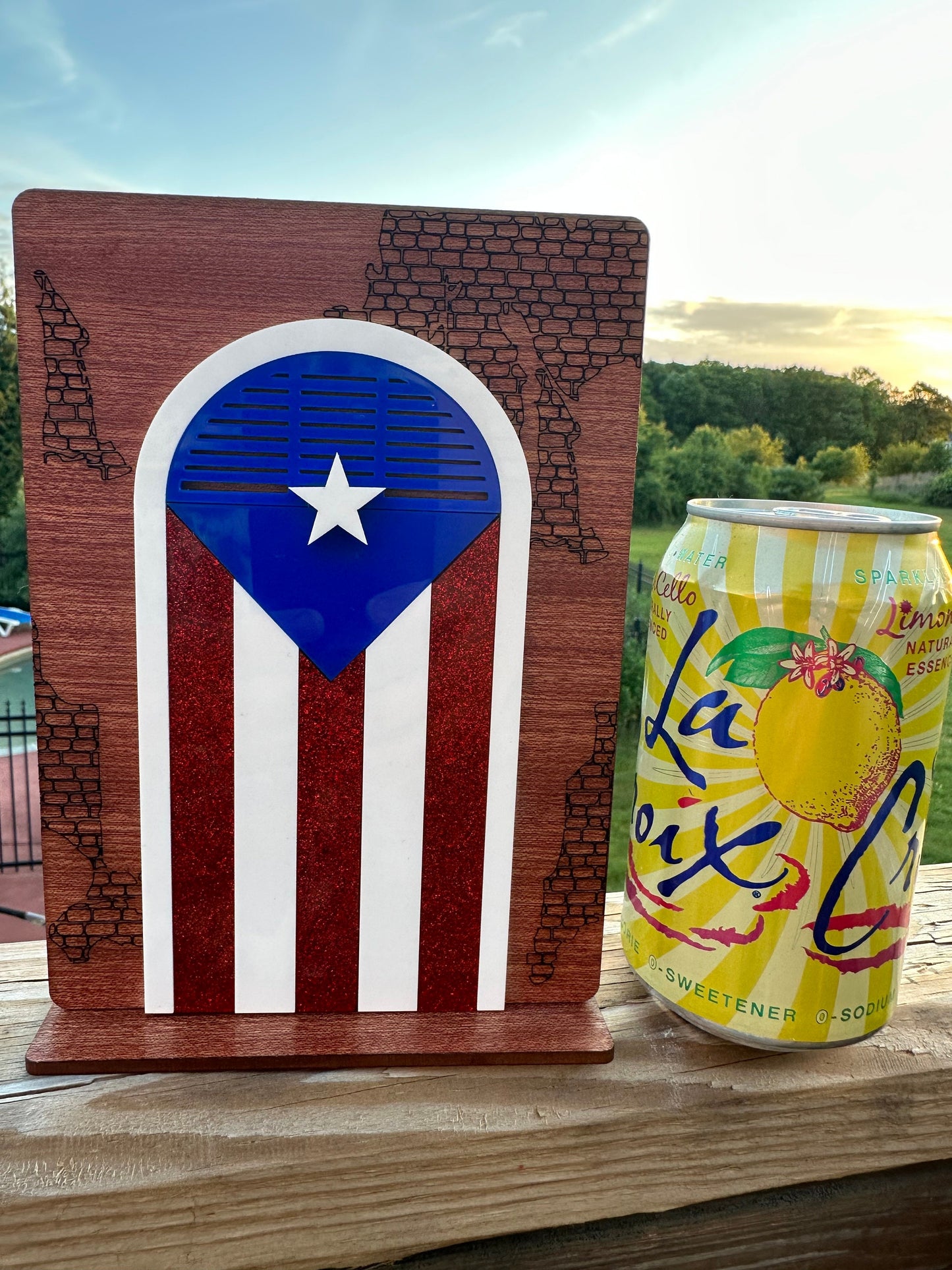Puerto Rican Flag Desk Sitter: Sapele Wood Calle Jose Art