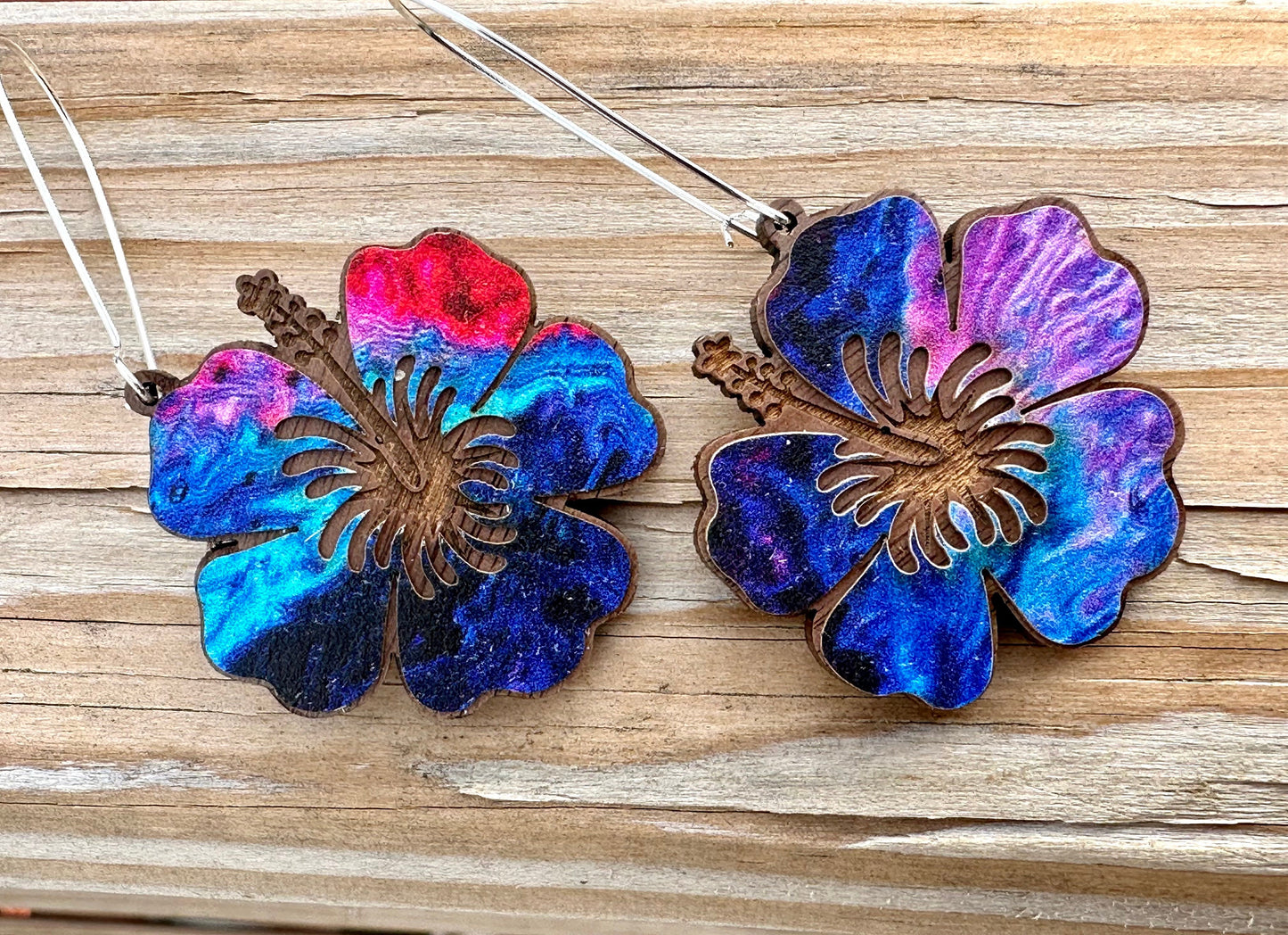 Laser Engraved Hibiscus Wood Earrings: Tropical Flor de Maga Jewelry