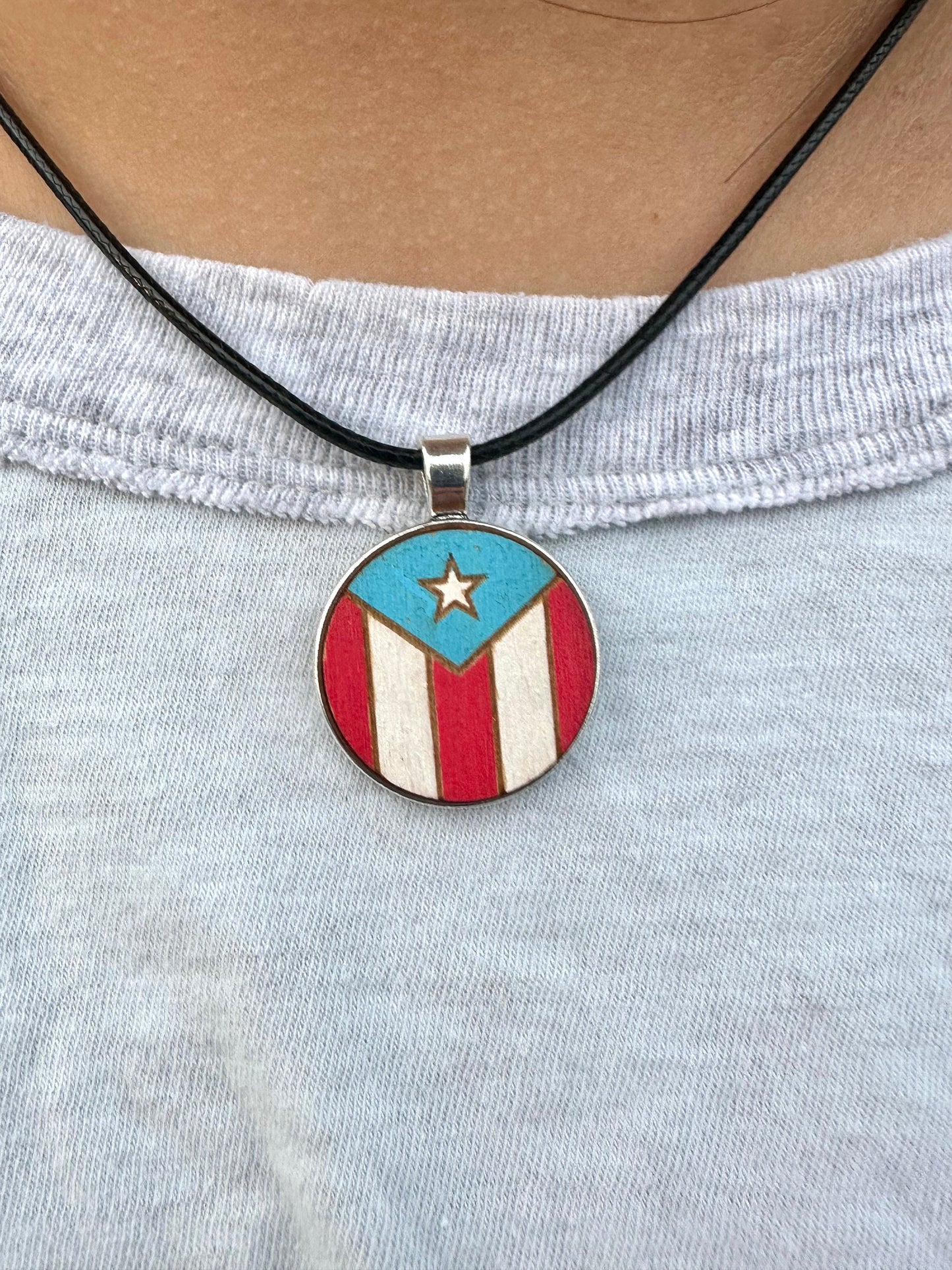 Handpainted Puerto Rican Flag Wood Necklace: Boricua Art