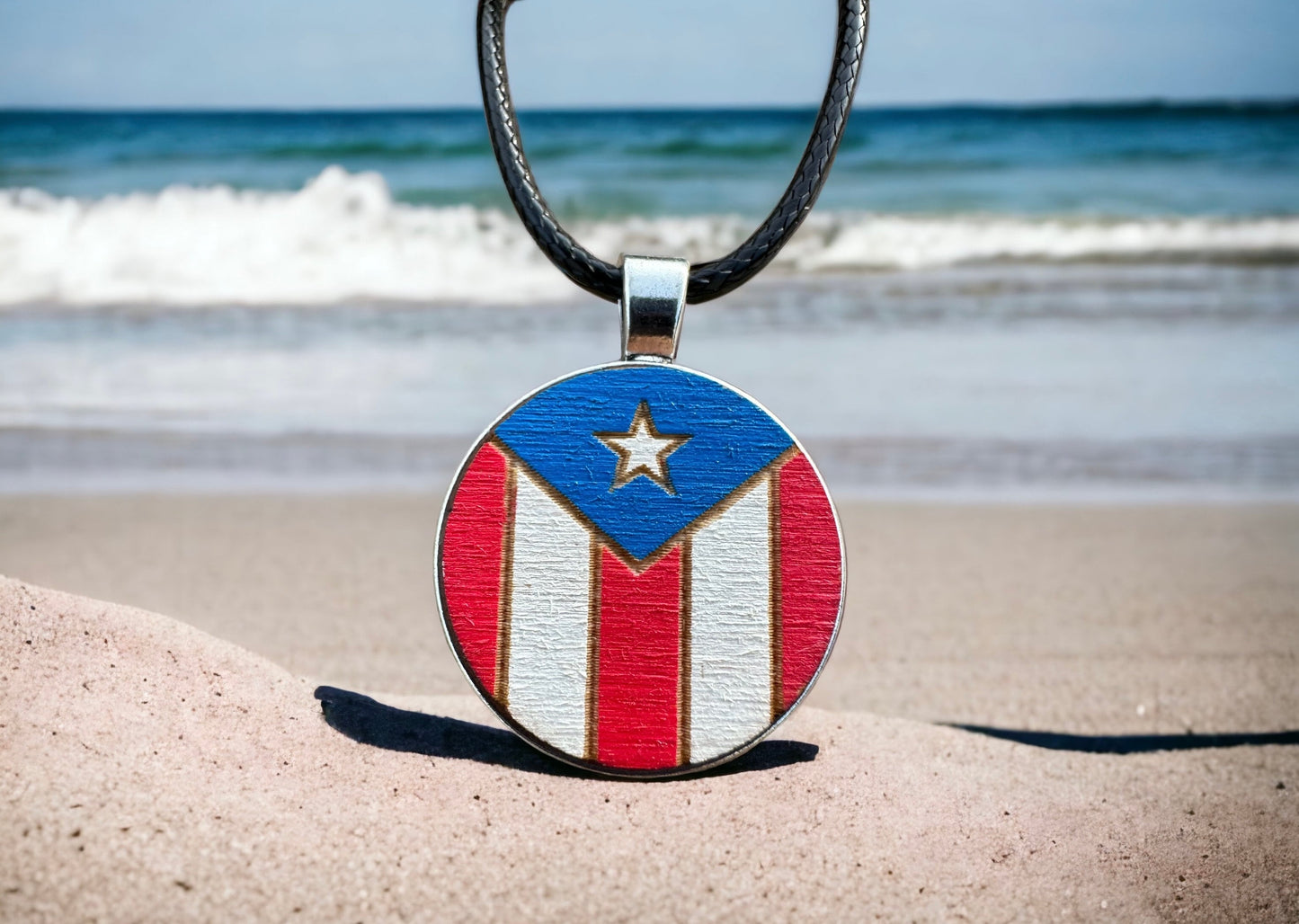 Handpainted Puerto Rican Flag Wood Necklace: Boricua Art