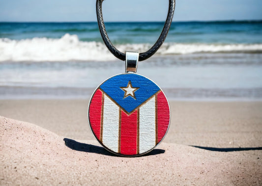Handpainted Puerto Rican Flag Wood Necklace: Boricua Art