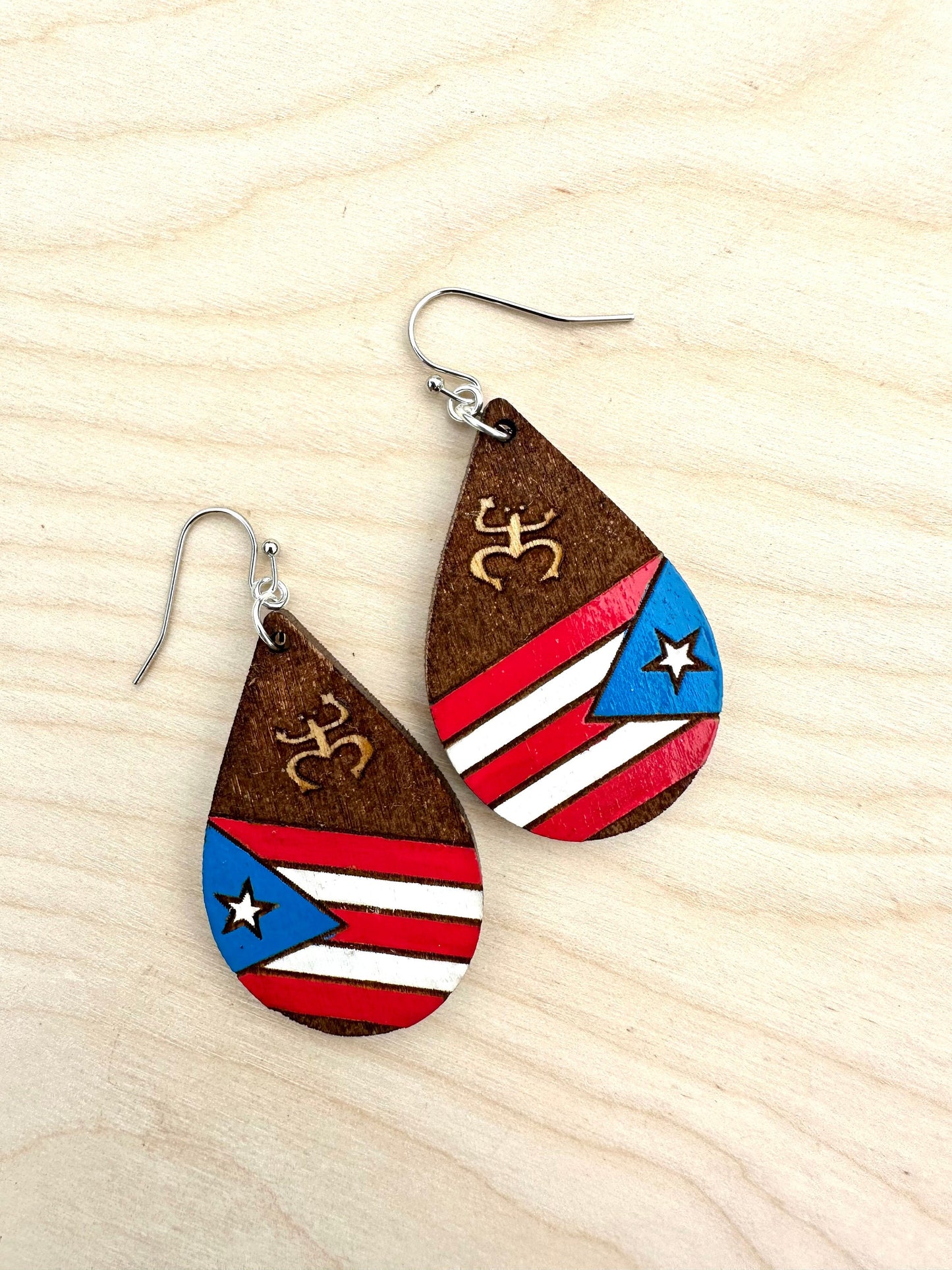Hand-Painted Puerto Rico Flag Earrings: Boricua Pride Jewelry, Taino coqui dangles