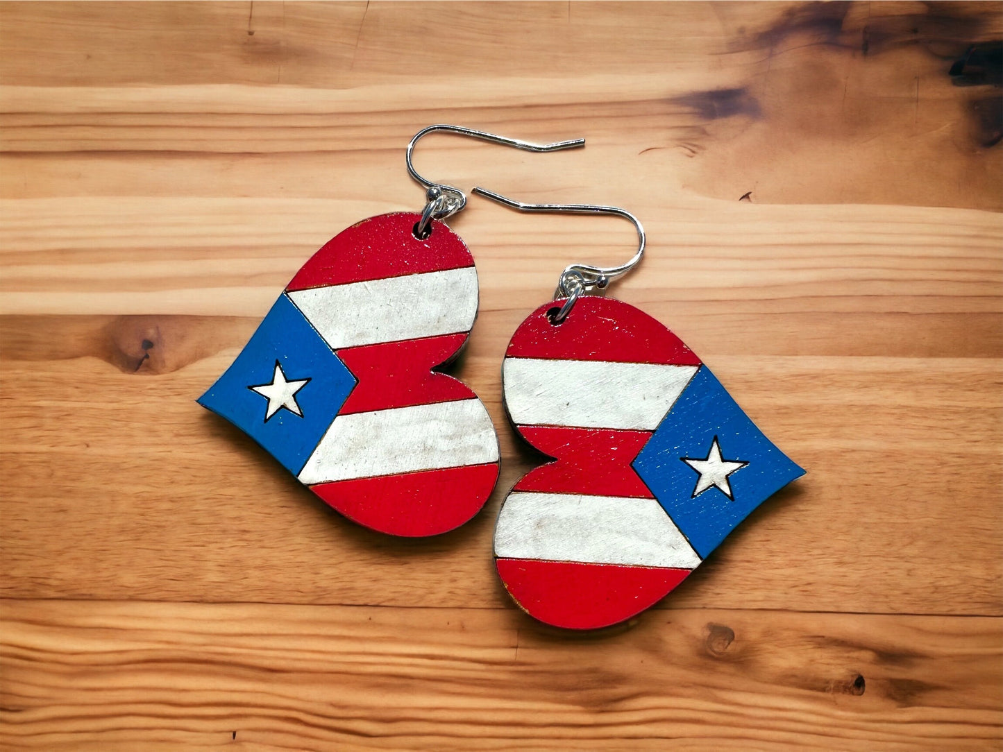 Hand-Painted Puerto Rican Flag Heart Earrings: Boricua Wood Jewelry