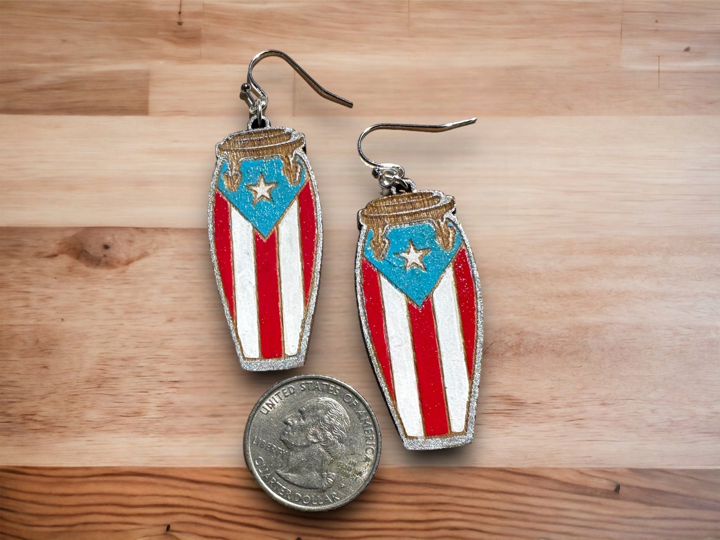 Handpainted Puerto Rican Flag Conga Drum Earrings: Boricua Pride Jewelry