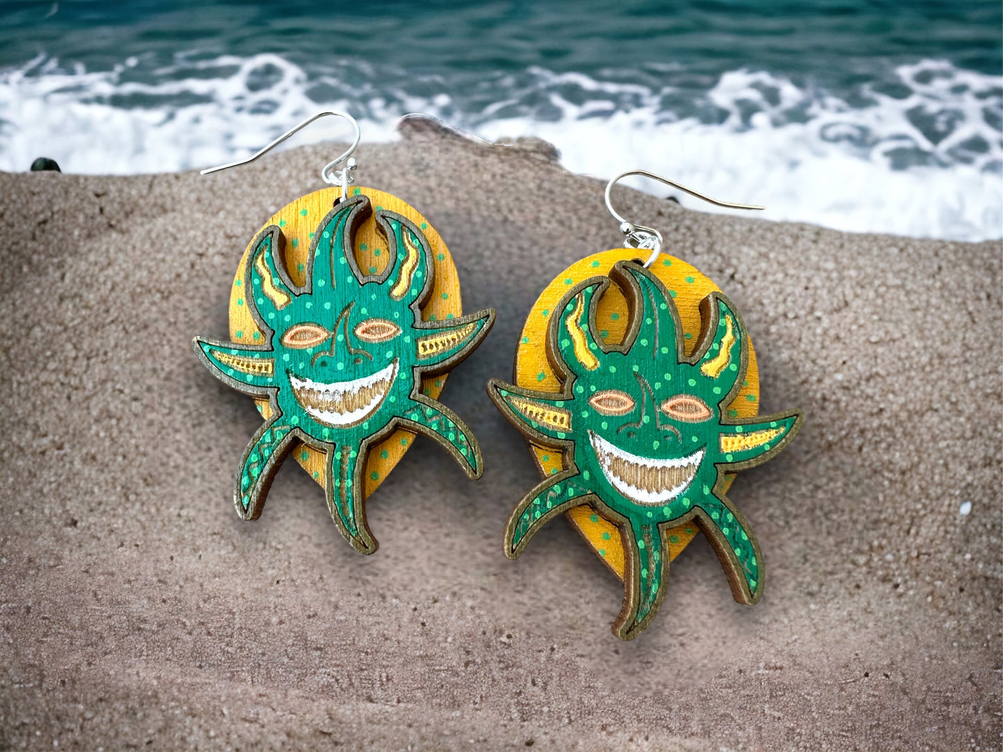 Handpainted Vejigante layered Earrings: Puerto Rican Carnival mask Dangles