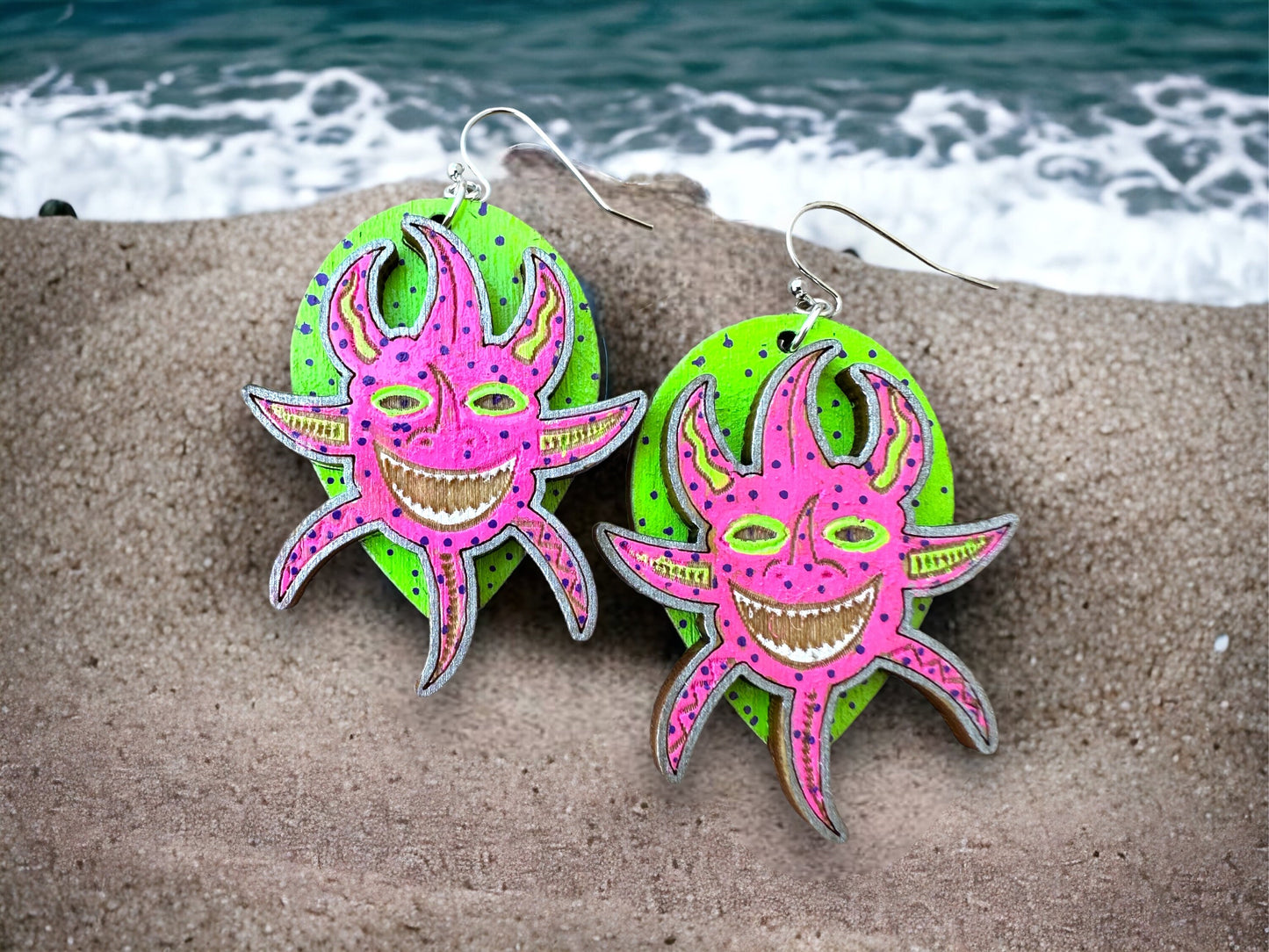 Handpainted Vejigante layered Earrings: Puerto Rican Carnival mask Dangles