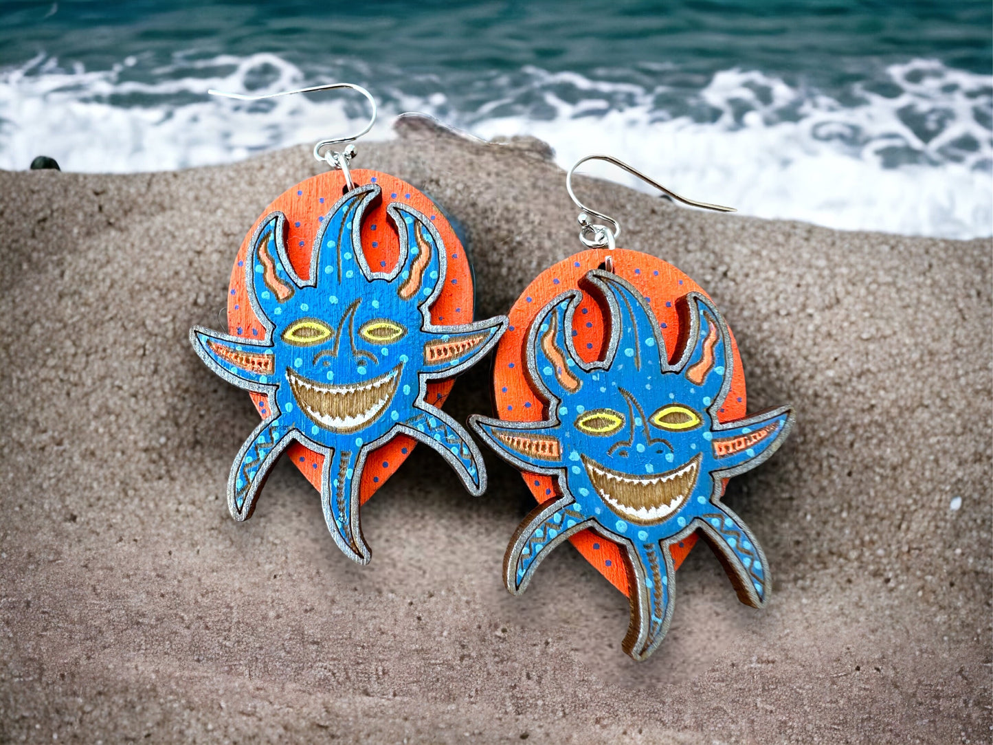 Handpainted Vejigante layered Earrings: Puerto Rican Carnival mask Dangles
