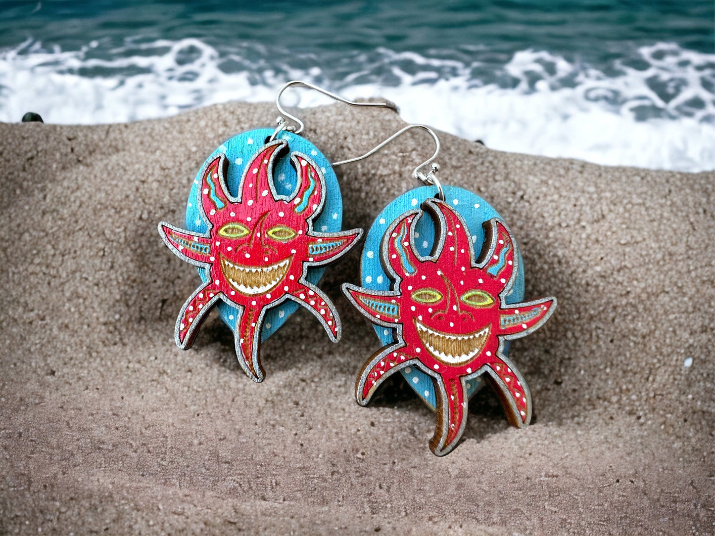 Handpainted Vejigante layered Earrings: Puerto Rican Carnival mask Dangles