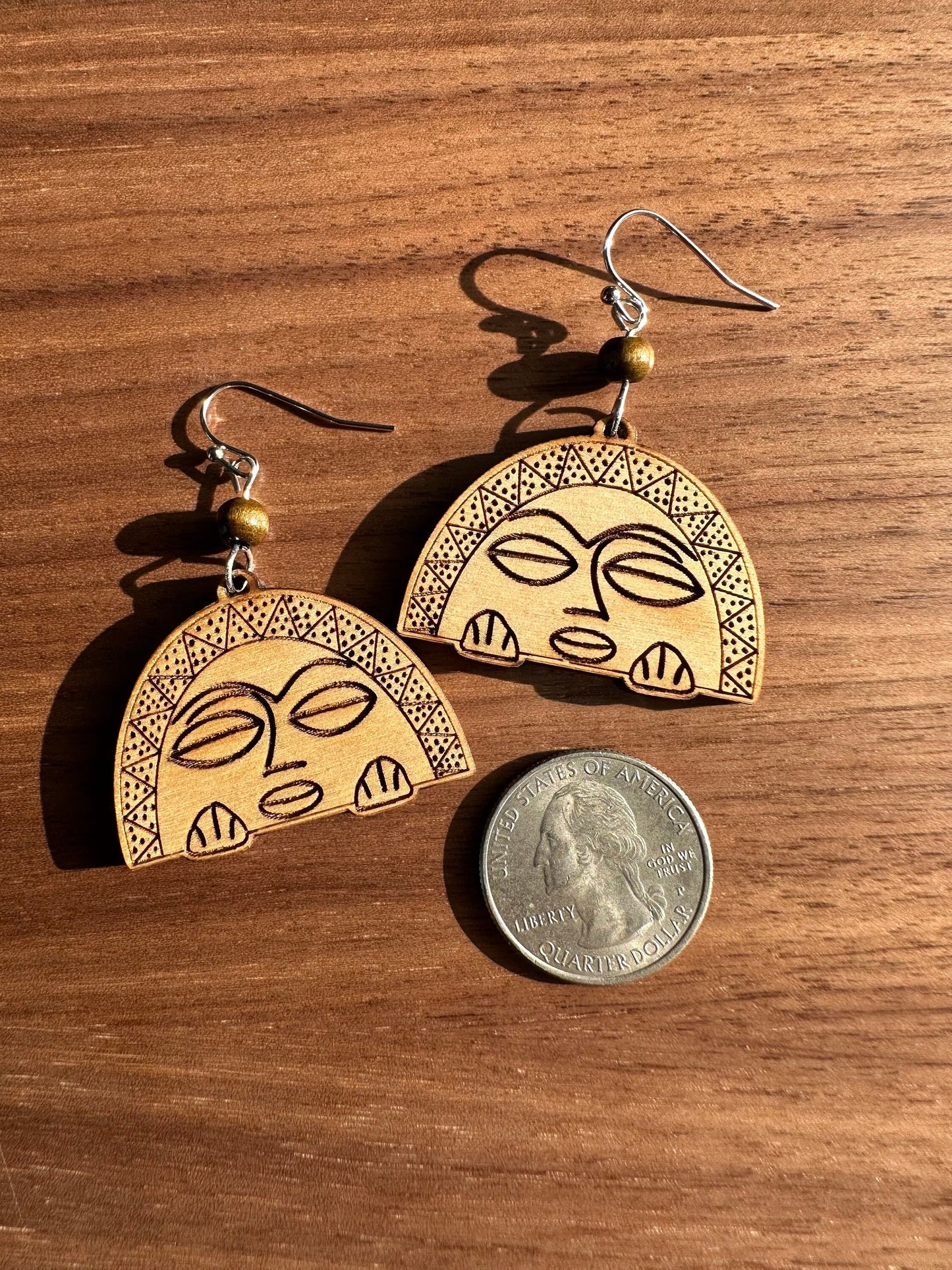 Taino Moon Goddess Earrings: Engraved Wood, Puerto Rico Art jewelry