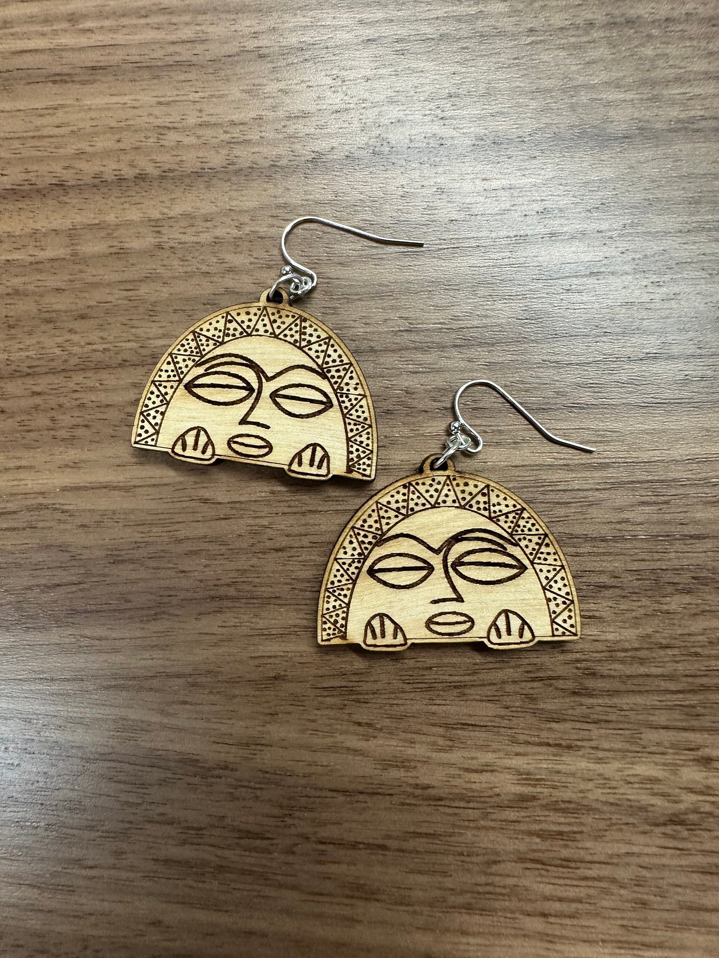 Taino Moon Goddess Earrings: Engraved Wood, Puerto Rico Art jewelry