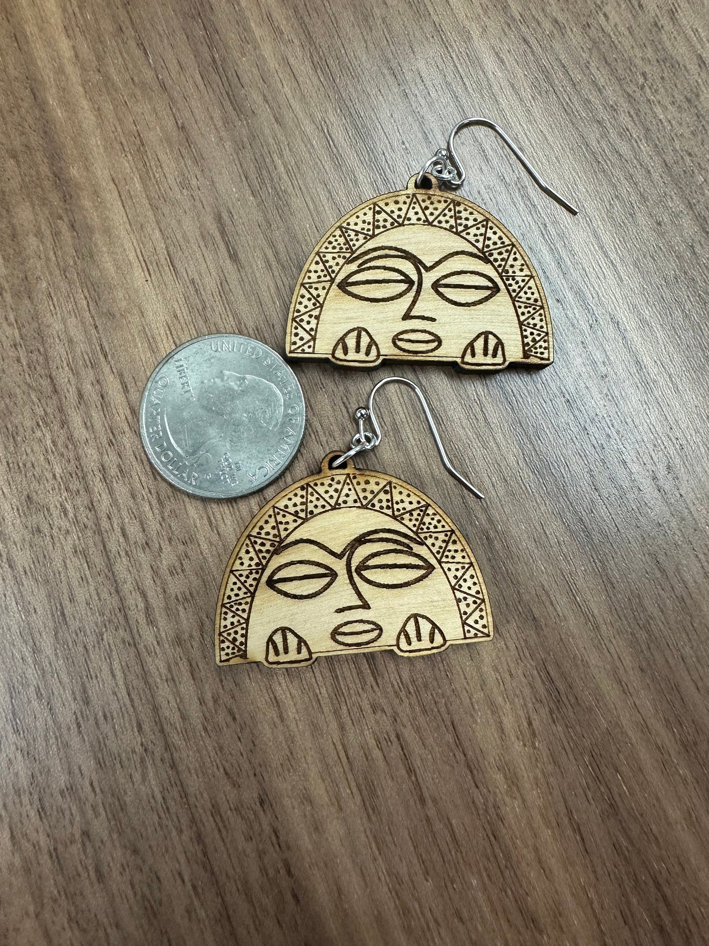 Taino Moon Goddess Earrings: Engraved Wood, Puerto Rico Art jewelry