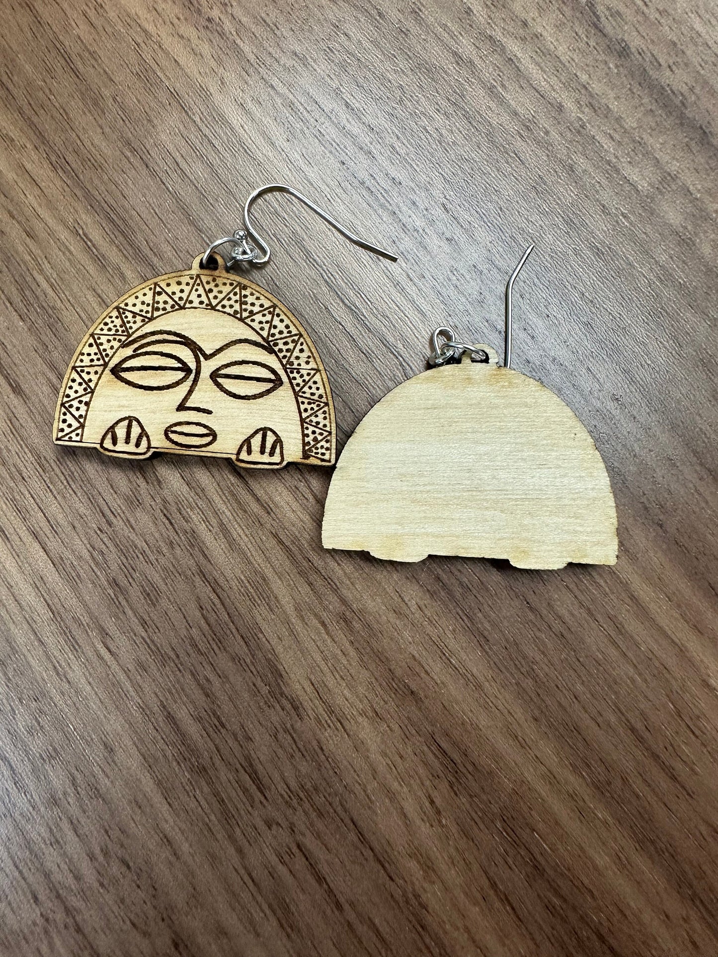 Taino Moon Goddess Earrings: Engraved Wood, Puerto Rico Art jewelry