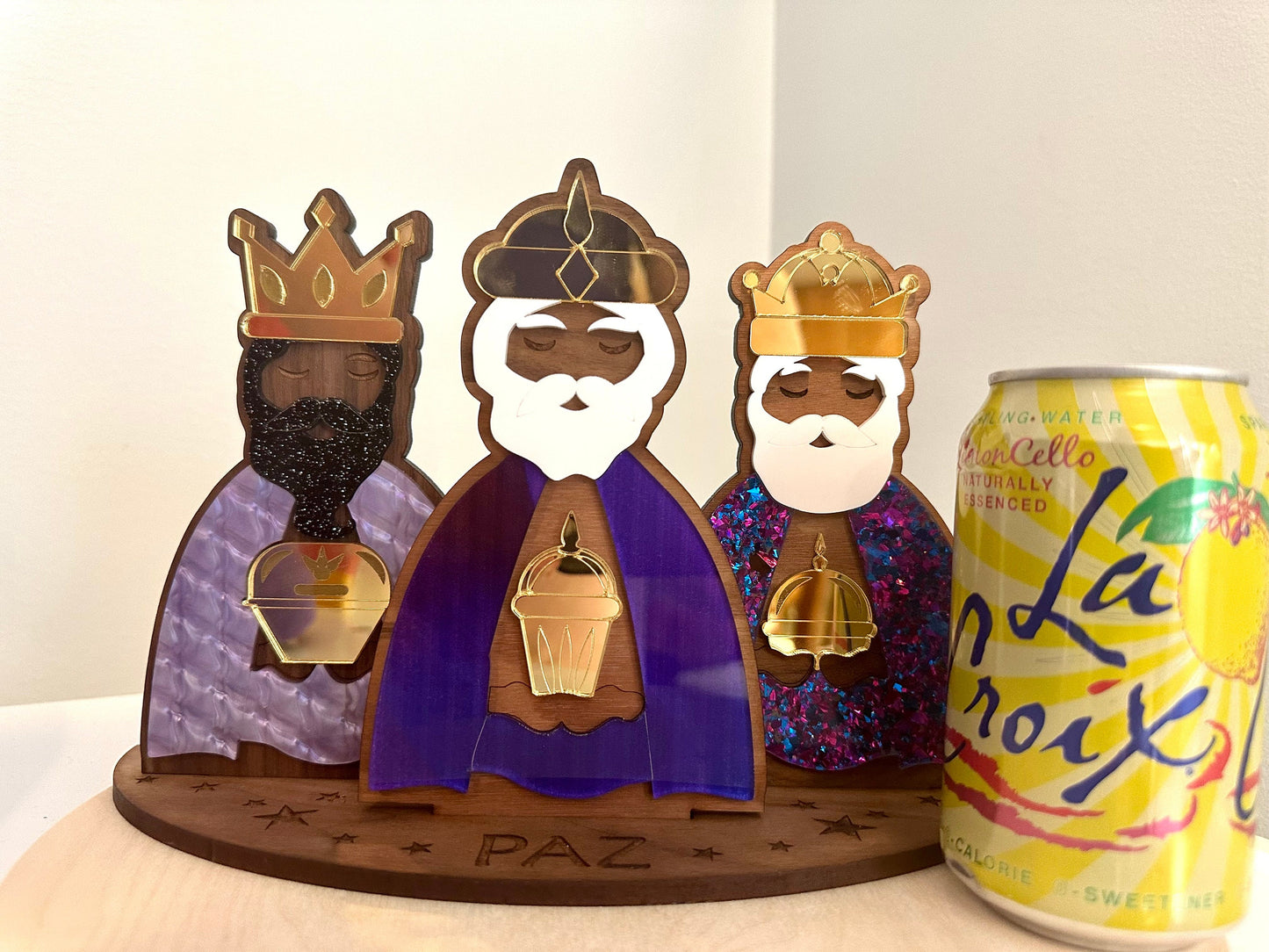 Handmade Mahogany Three Kings: Colorful acrylic tres Reyes Puerto Rico Art