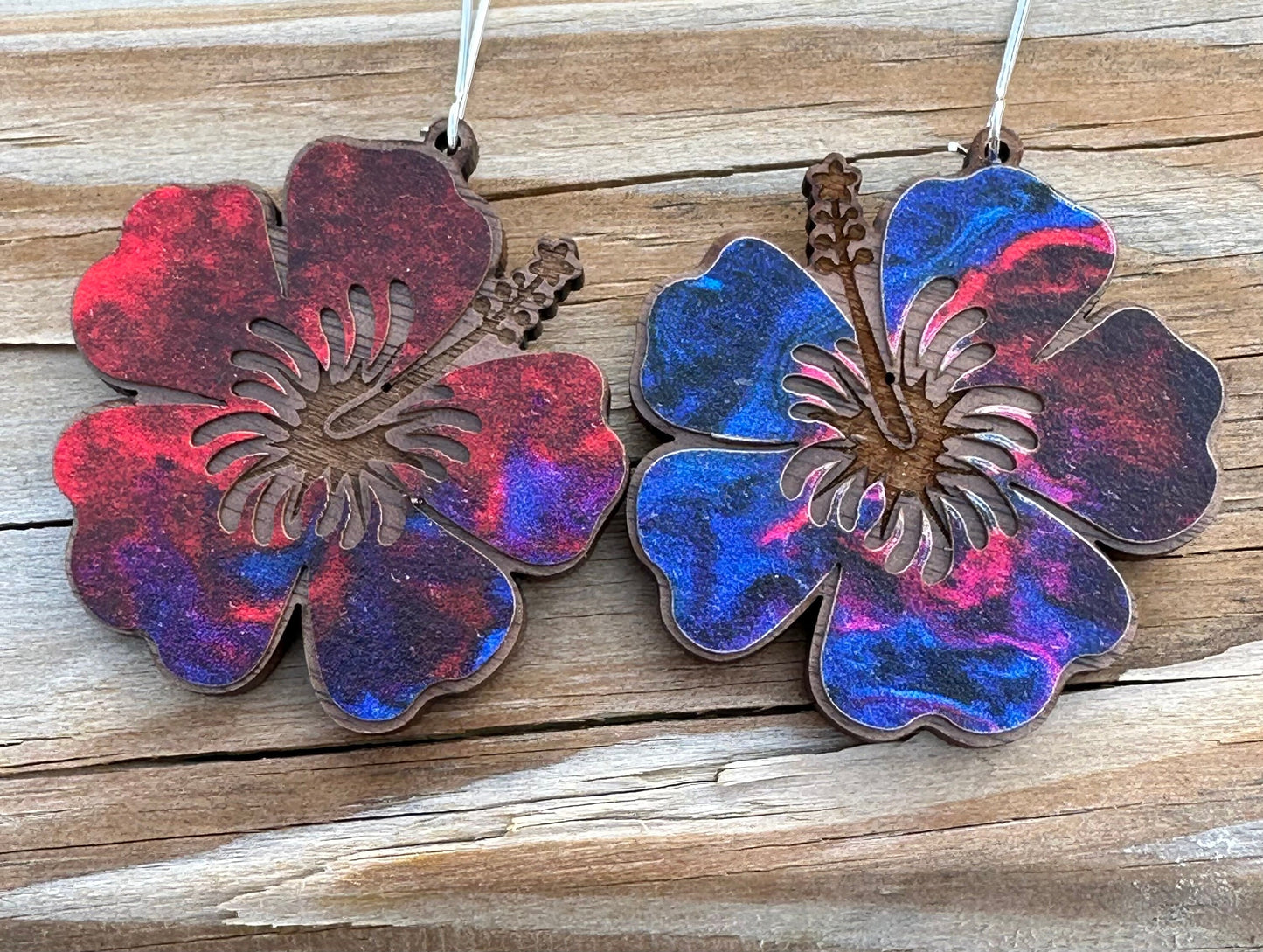 Laser Engraved Hibiscus Wood Earrings: Tropical Flor de Maga Jewelry