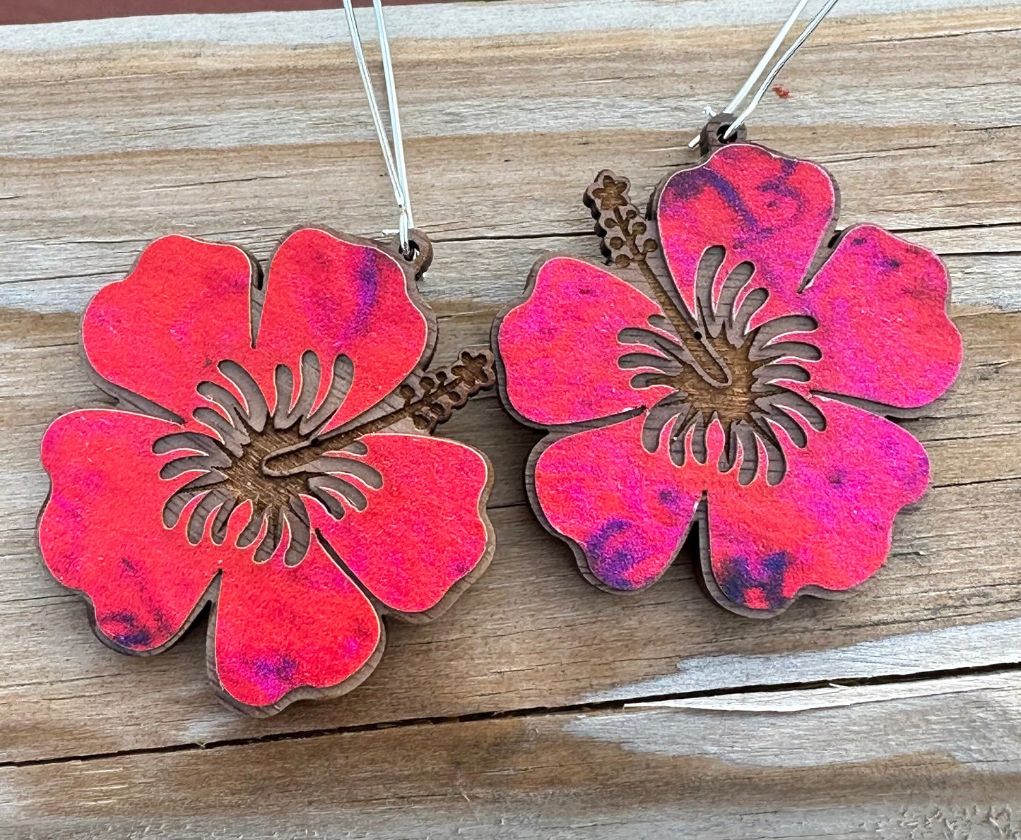 Laser Engraved Hibiscus Wood Earrings: Tropical Flor de Maga Jewelry