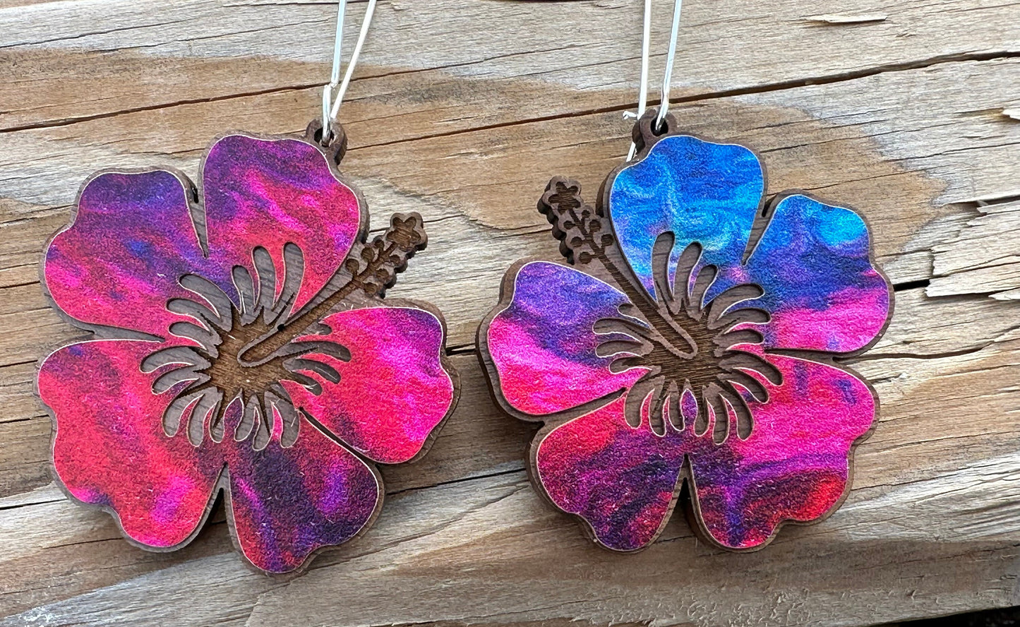 Laser Engraved Hibiscus Wood Earrings: Tropical Flor de Maga Jewelry