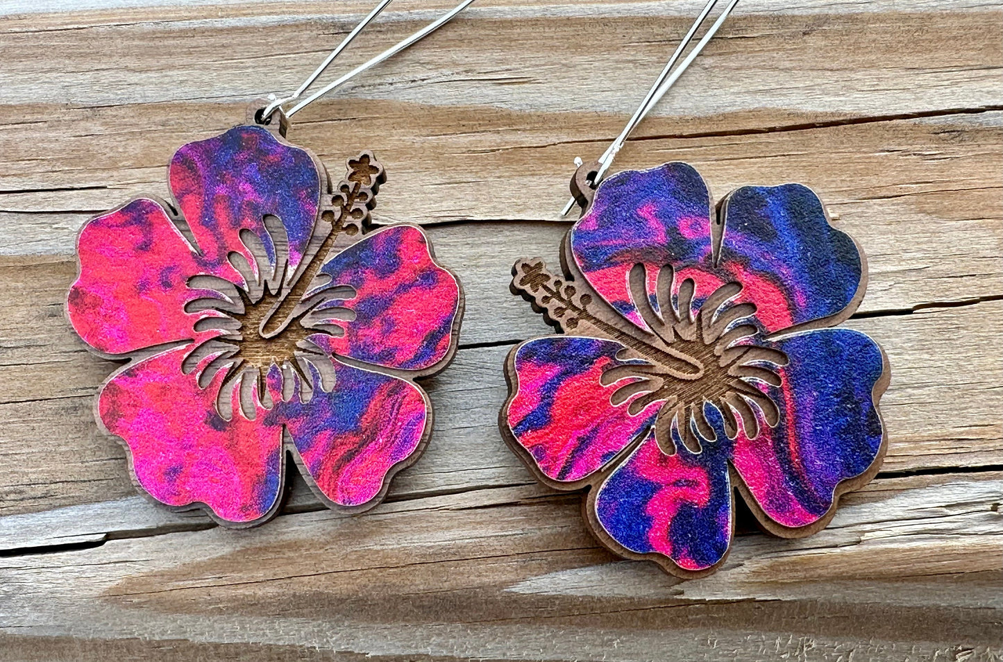 Laser Engraved Hibiscus Wood Earrings: Tropical Flor de Maga Jewelry