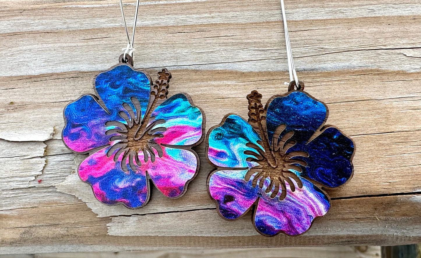 Laser Engraved Hibiscus Wood Earrings: Tropical Flor de Maga Jewelry