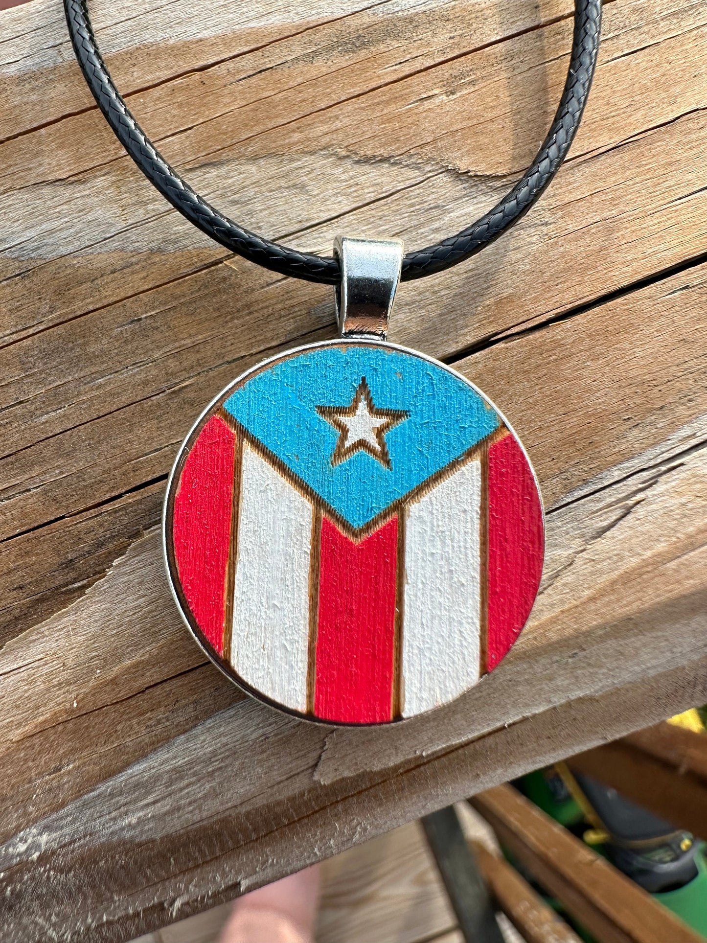 Handpainted Puerto Rican Flag Wood Necklace: Boricua Art