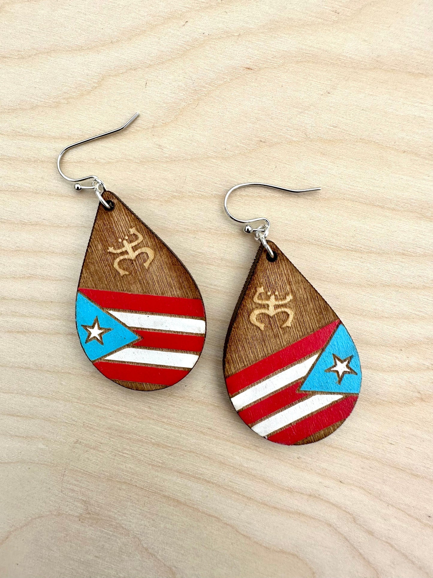 Hand-Painted Puerto Rico Flag Earrings: Boricua Pride Jewelry, Taino coqui dangles