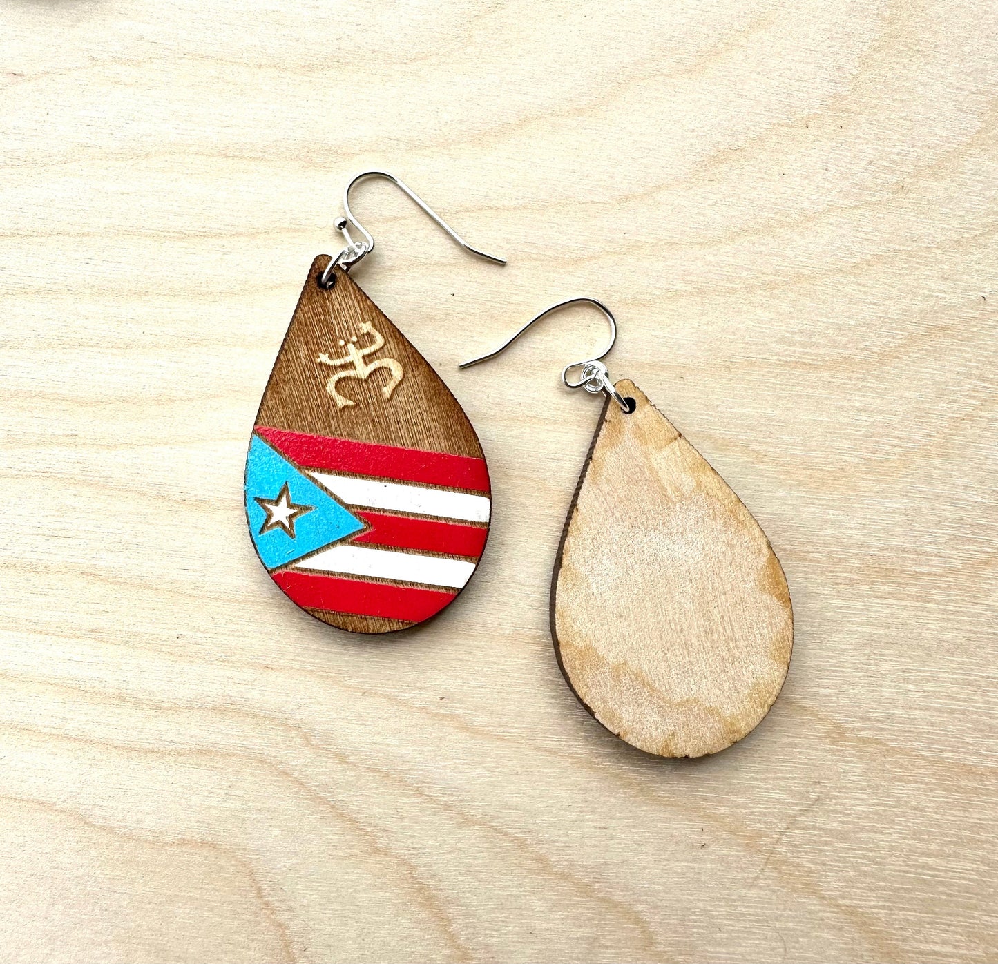 Hand-Painted Puerto Rico Flag Earrings: Boricua Pride Jewelry, Taino coqui dangles
