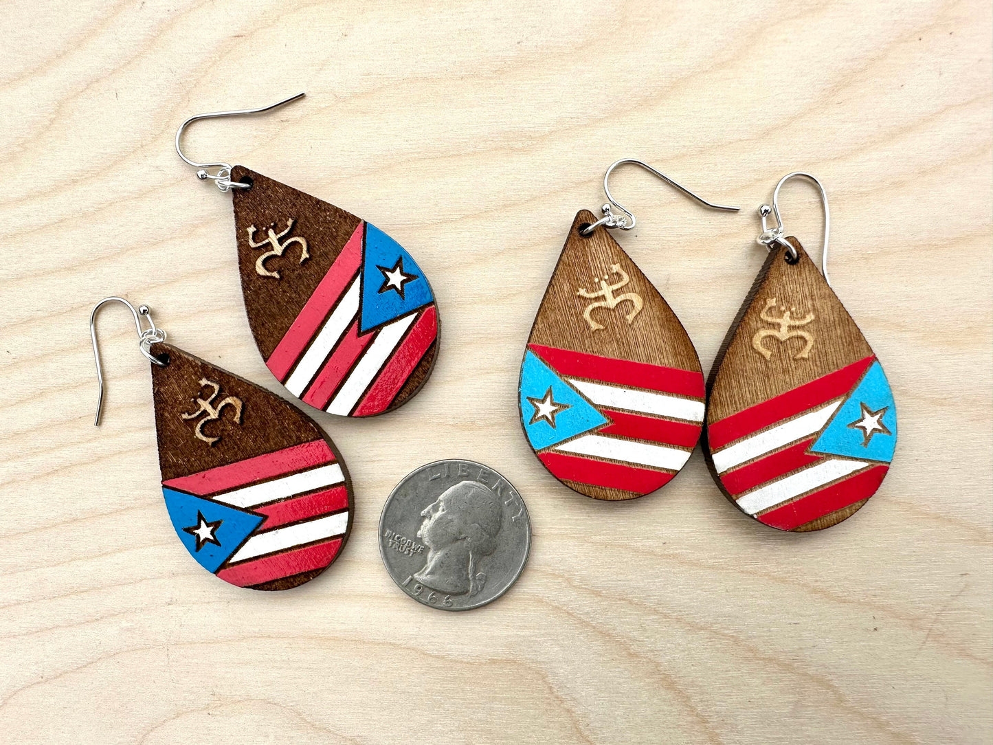 Hand-Painted Puerto Rico Flag Earrings: Boricua Pride Jewelry, Taino coqui dangles
