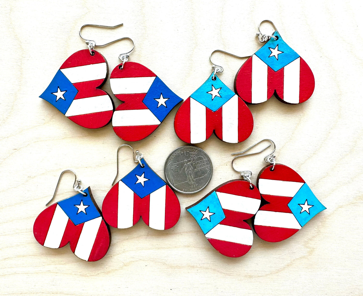 Hand-Painted Puerto Rican Flag Heart Earrings: Boricua Wood Jewelry