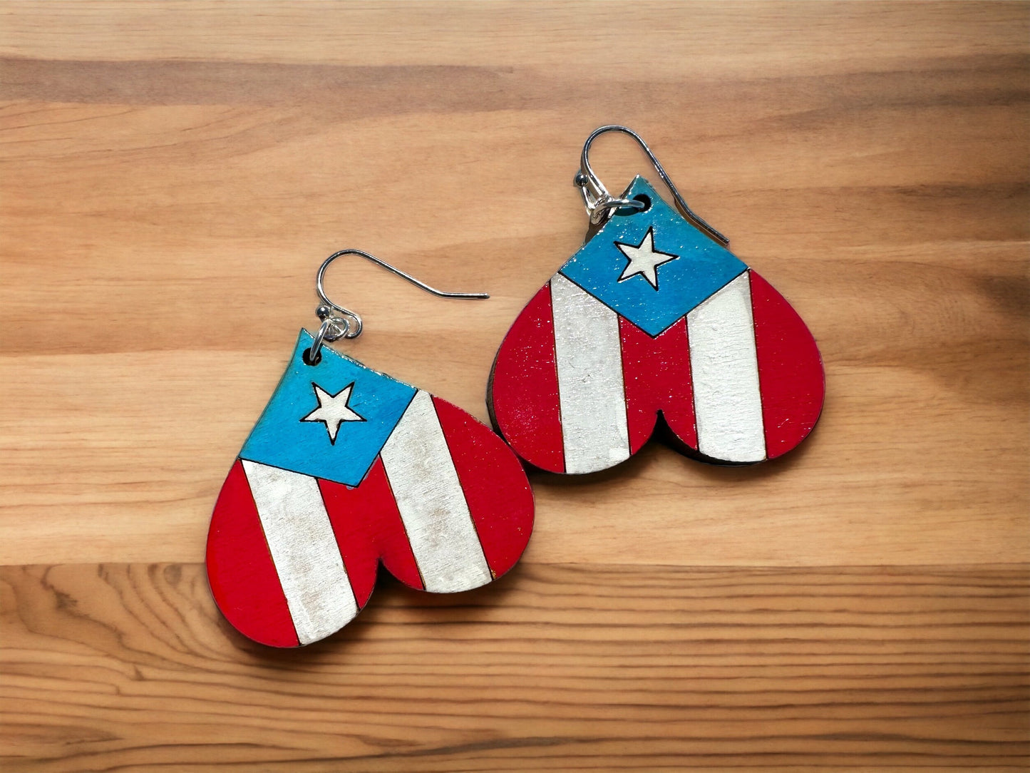 Hand-Painted Puerto Rican Flag Heart Earrings: Boricua Wood Jewelry