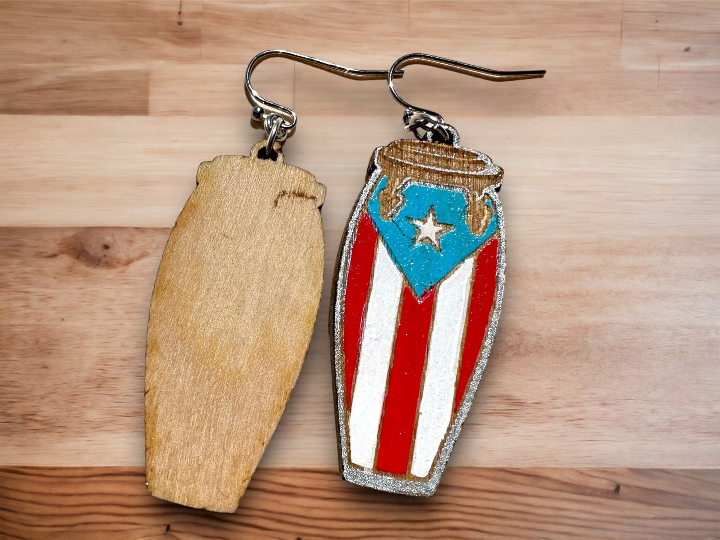 Handpainted Puerto Rican Flag Conga Drum Earrings: Boricua Pride Jewelry