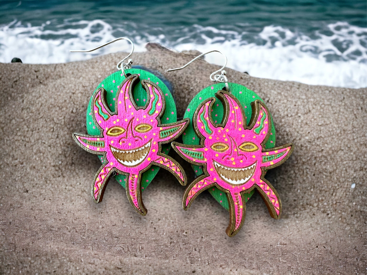 Handpainted Vejigante layered Earrings: Puerto Rican Carnival mask Dangles