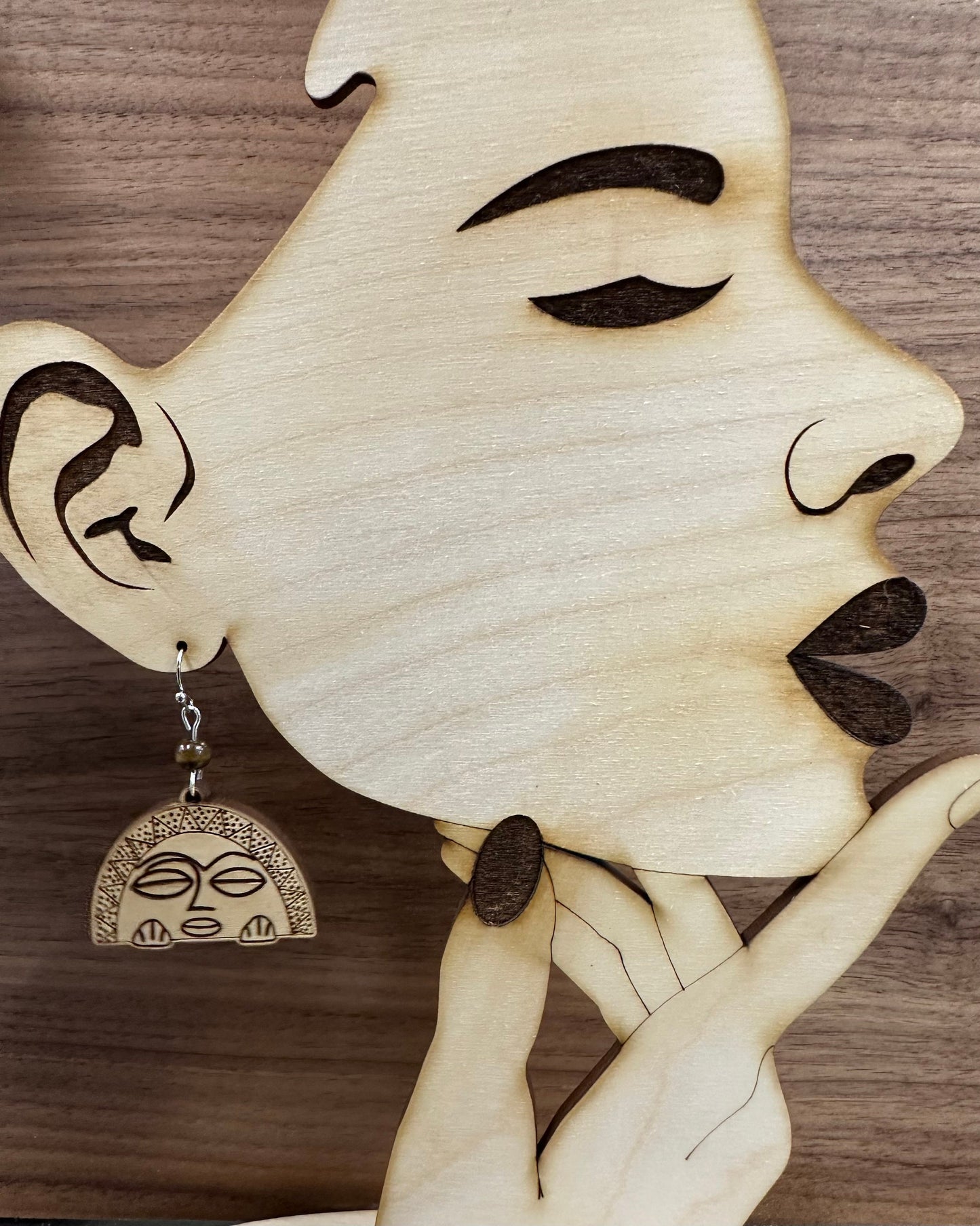 Taino Moon Goddess Earrings: Engraved Wood, Puerto Rico Art jewelry