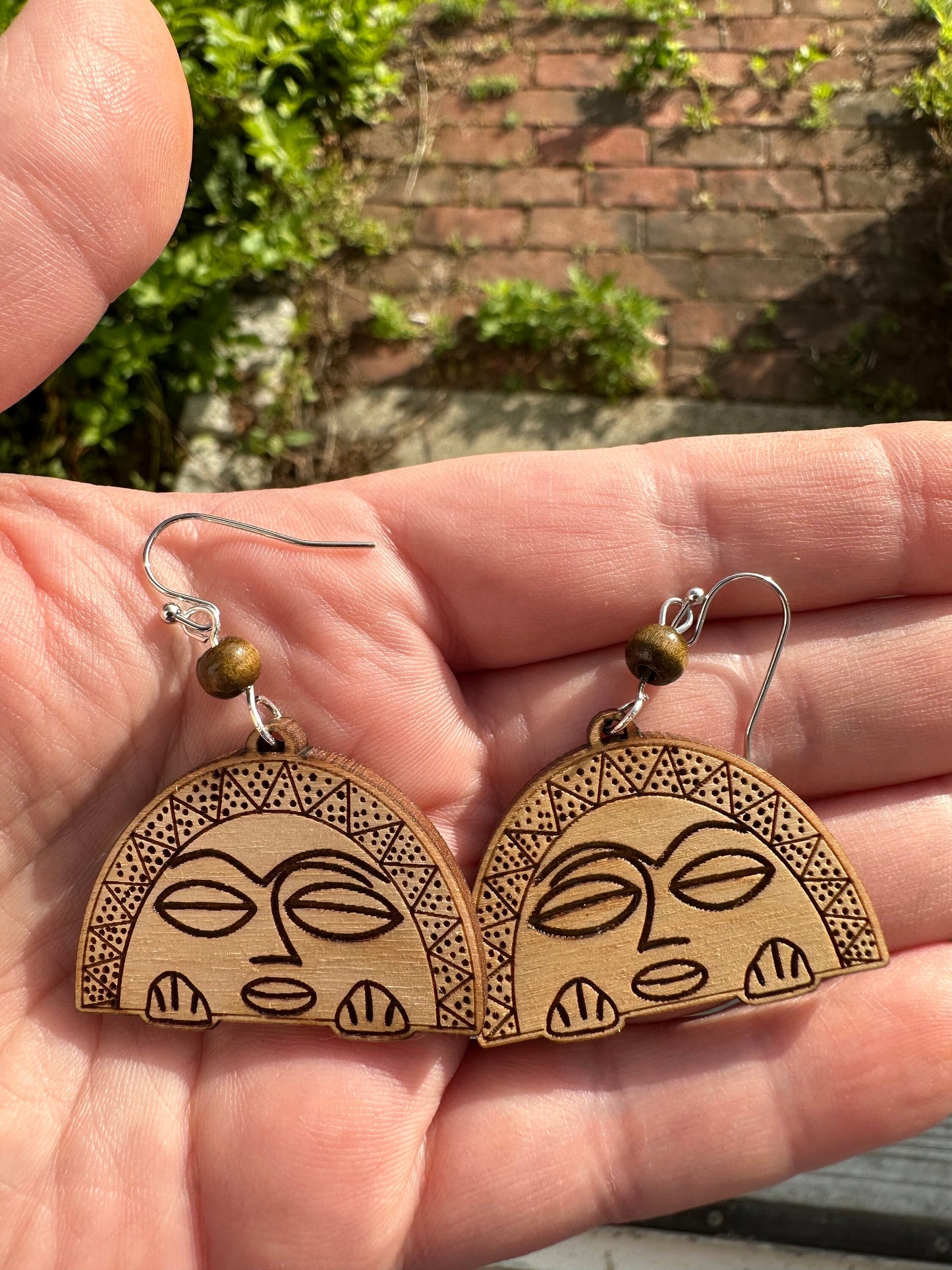 Taino Moon Goddess Earrings: Engraved Wood, Puerto Rico Art jewelry