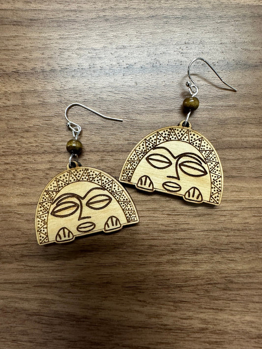 Taino Moon Goddess Earrings: Engraved Wood, Puerto Rico Art jewelry