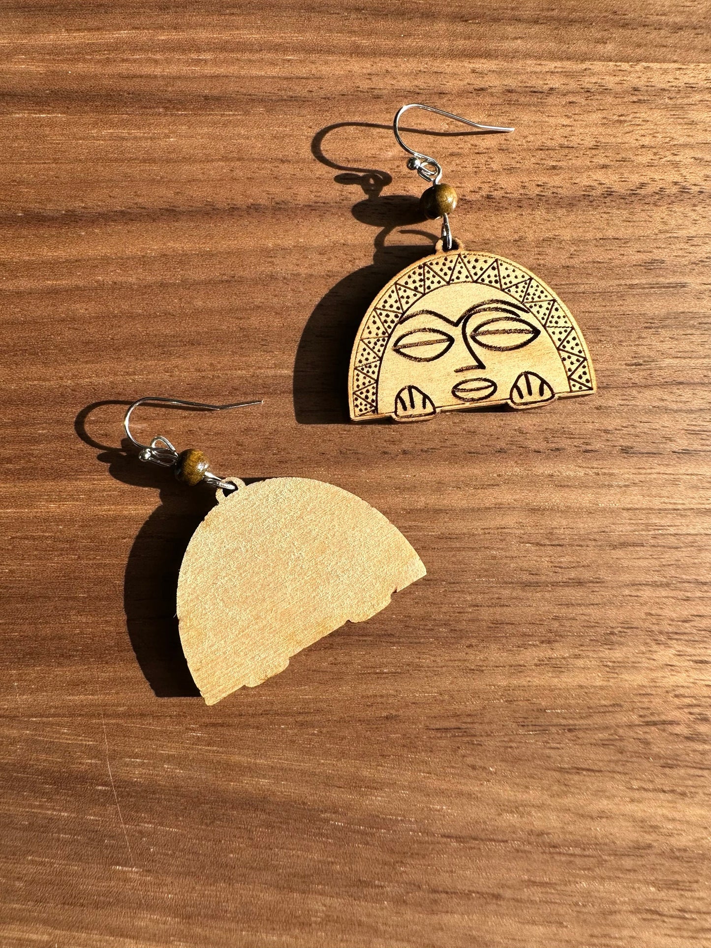 Taino Moon Goddess Earrings: Engraved Wood, Puerto Rico Art jewelry