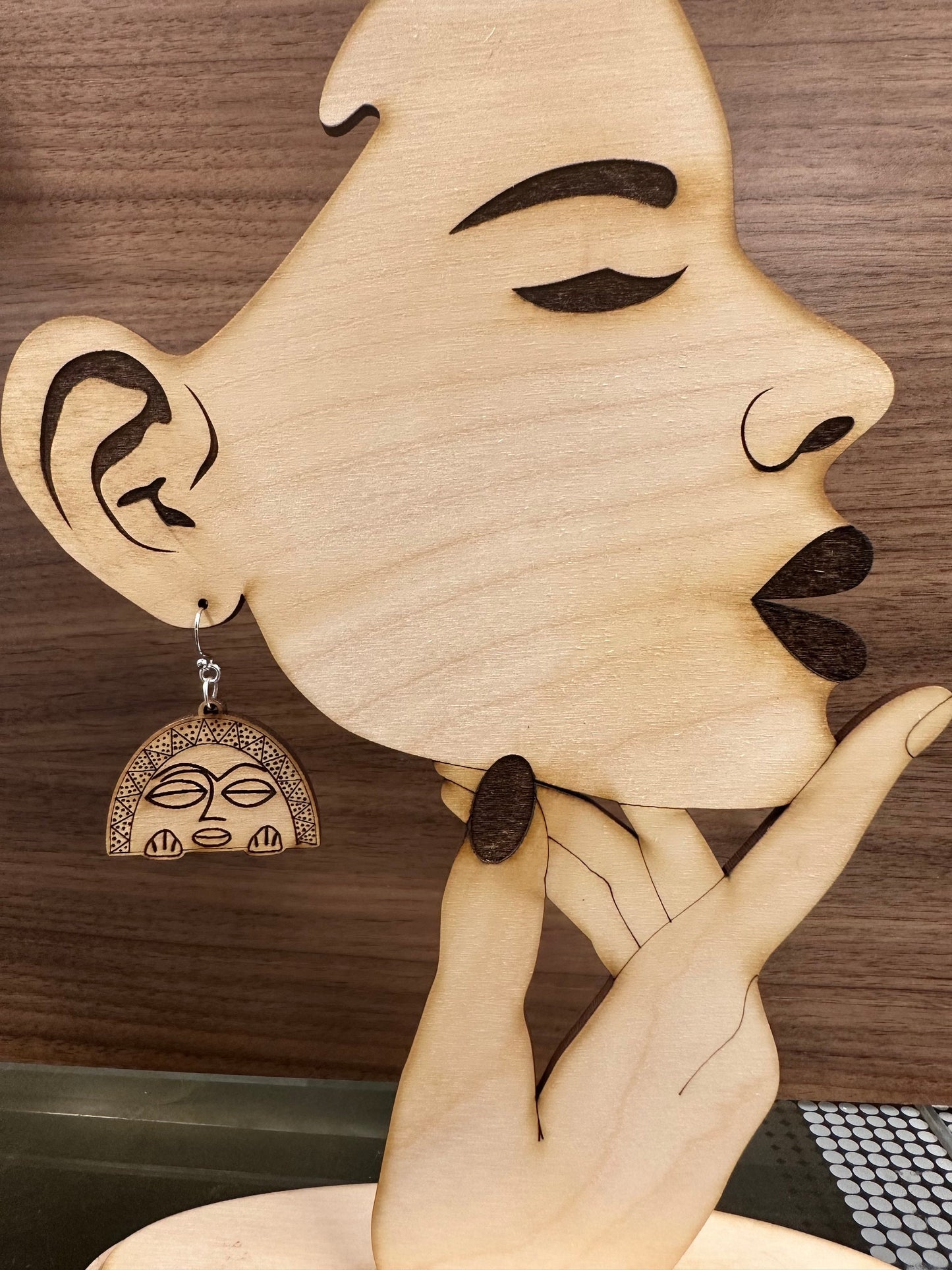 Taino Moon Goddess Earrings: Engraved Wood, Puerto Rico Art jewelry