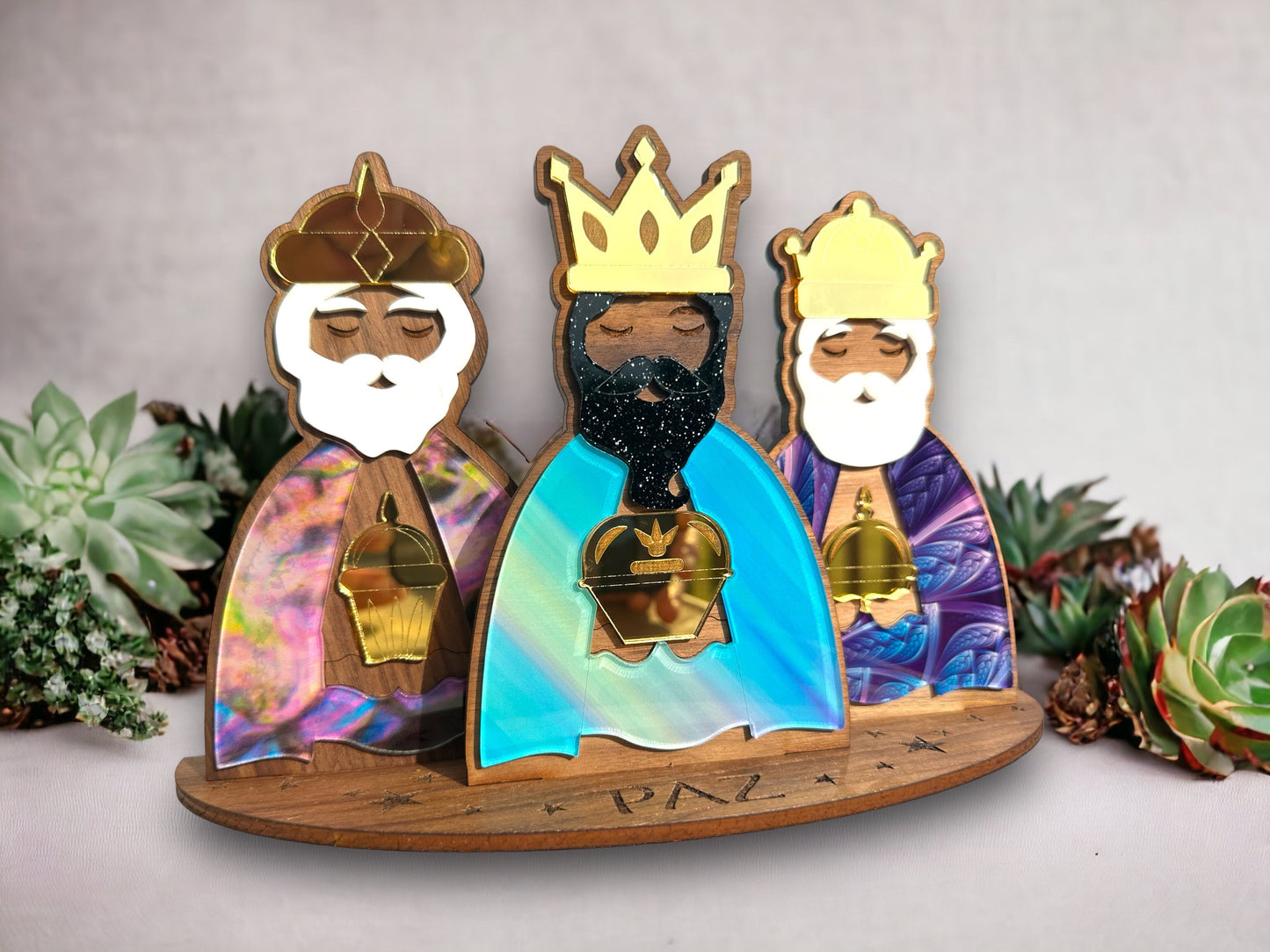 Handmade Mahogany Three Kings: Colorful acrylic tres Reyes Puerto Rico Art