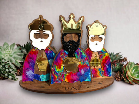 Handmade Mahogany Three Kings: Colorful acrylic tres Reyes Puerto Rico Art
