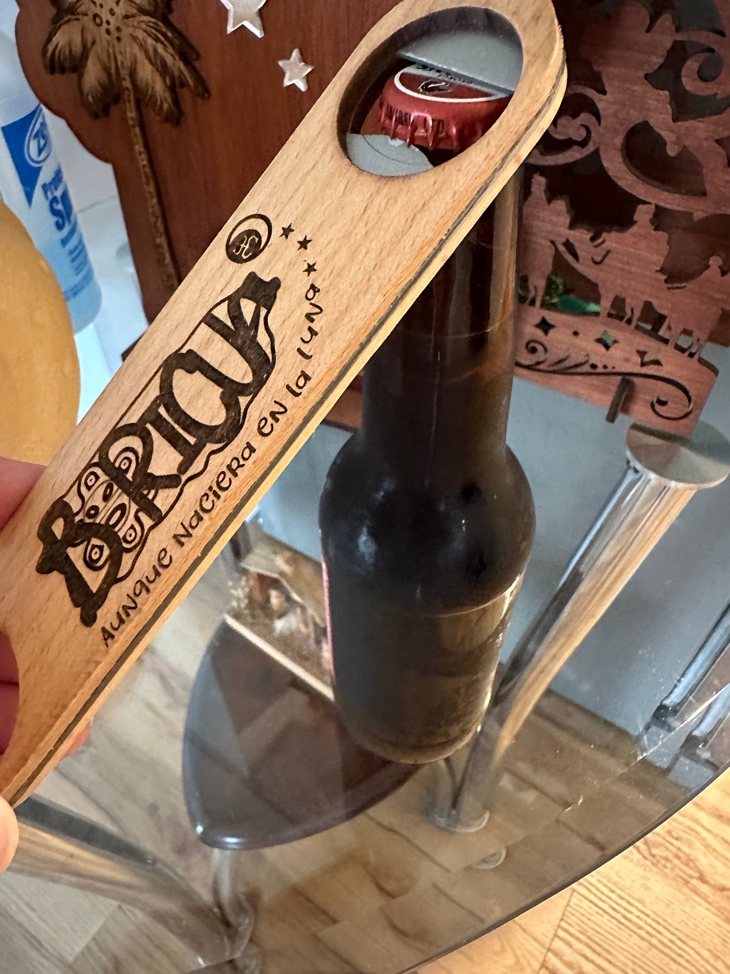 Engraved Wood Bottle Opener: Boricua Taino Coqui Design