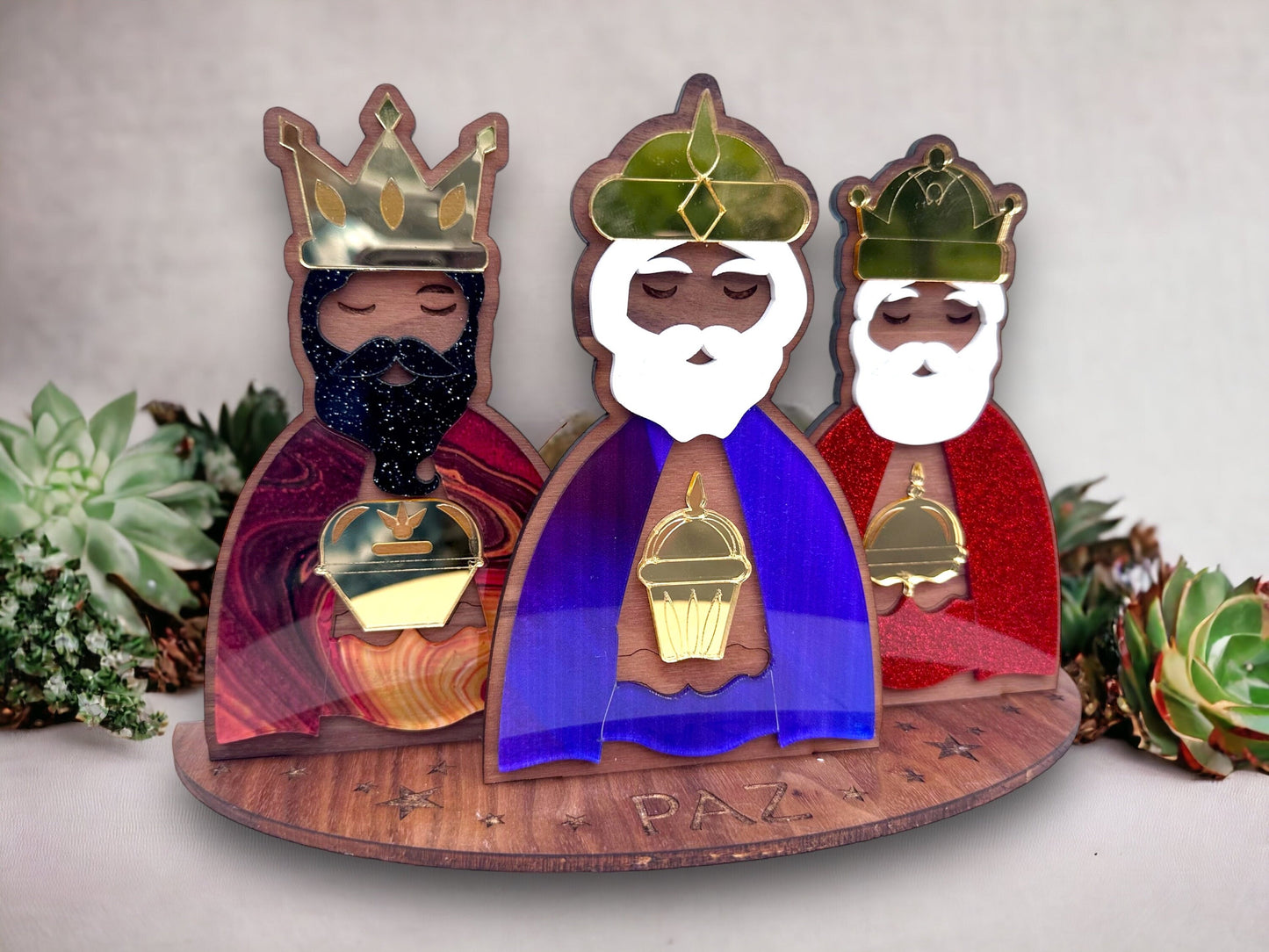 Handmade Mahogany Three Kings: Colorful acrylic tres Reyes Puerto Rico Art